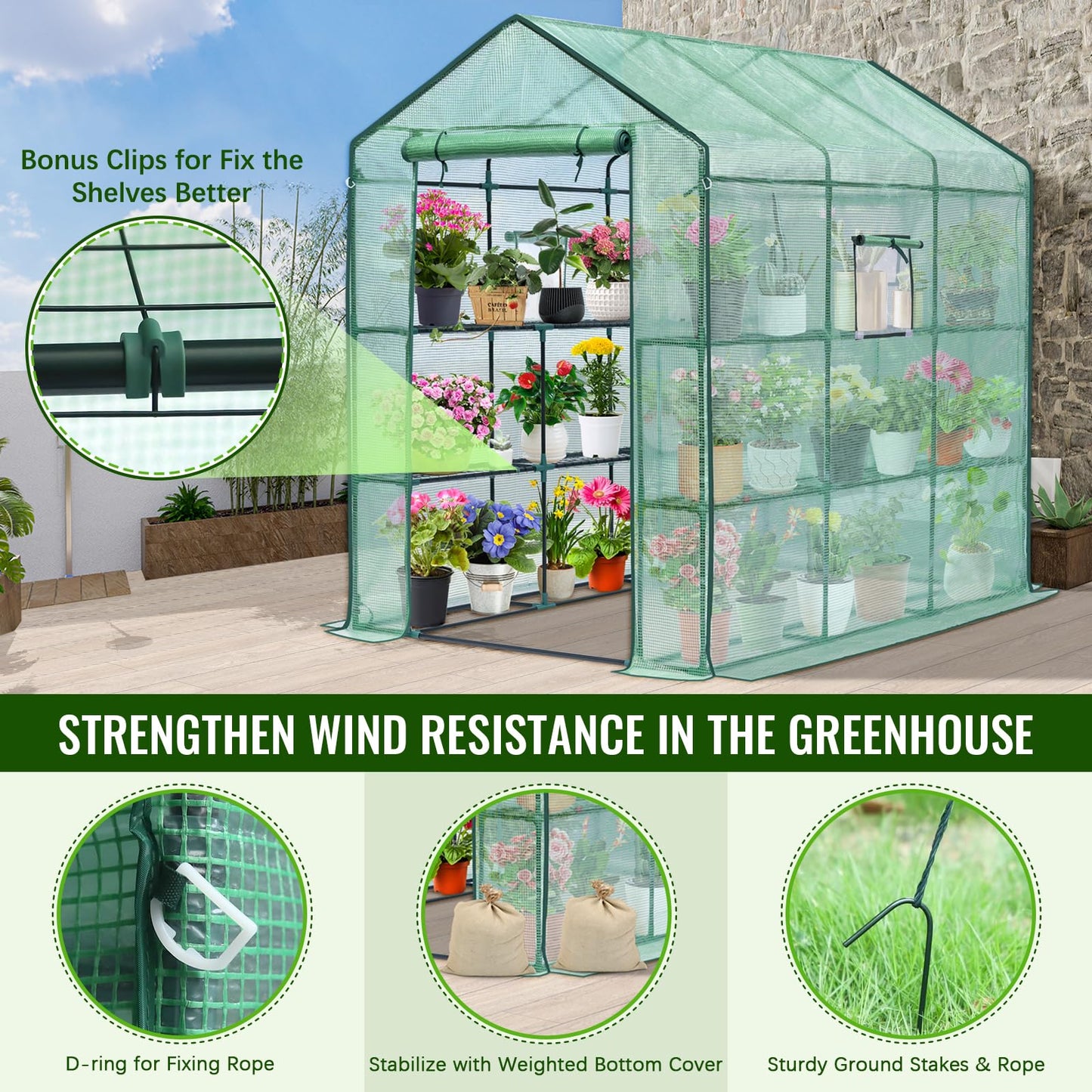 Greengro Greenhouse, 57 x 57 x 76'' Greenhouses for Outdoors, Durable Green House Kit with Window, Thicken PE Cover, 3 Tiers 8 Shelves, Heavy Duty Walk in Green Houses for Indoor Backyard Outside