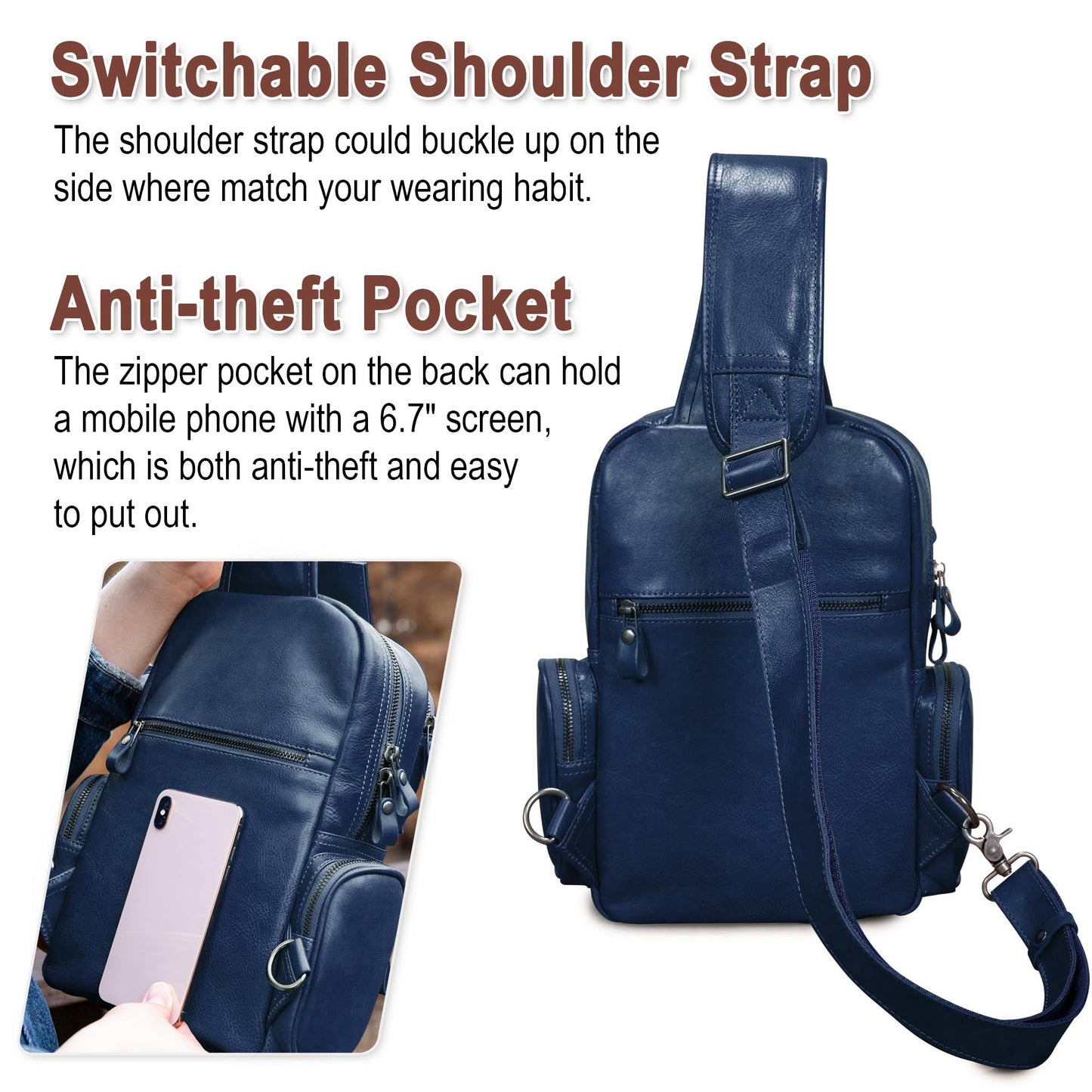 Genuine Leather Sling Bag for Men Large Crossbody Shoulder Bag Casual Sling Backpack Anti-Theft Travel Chest Purse