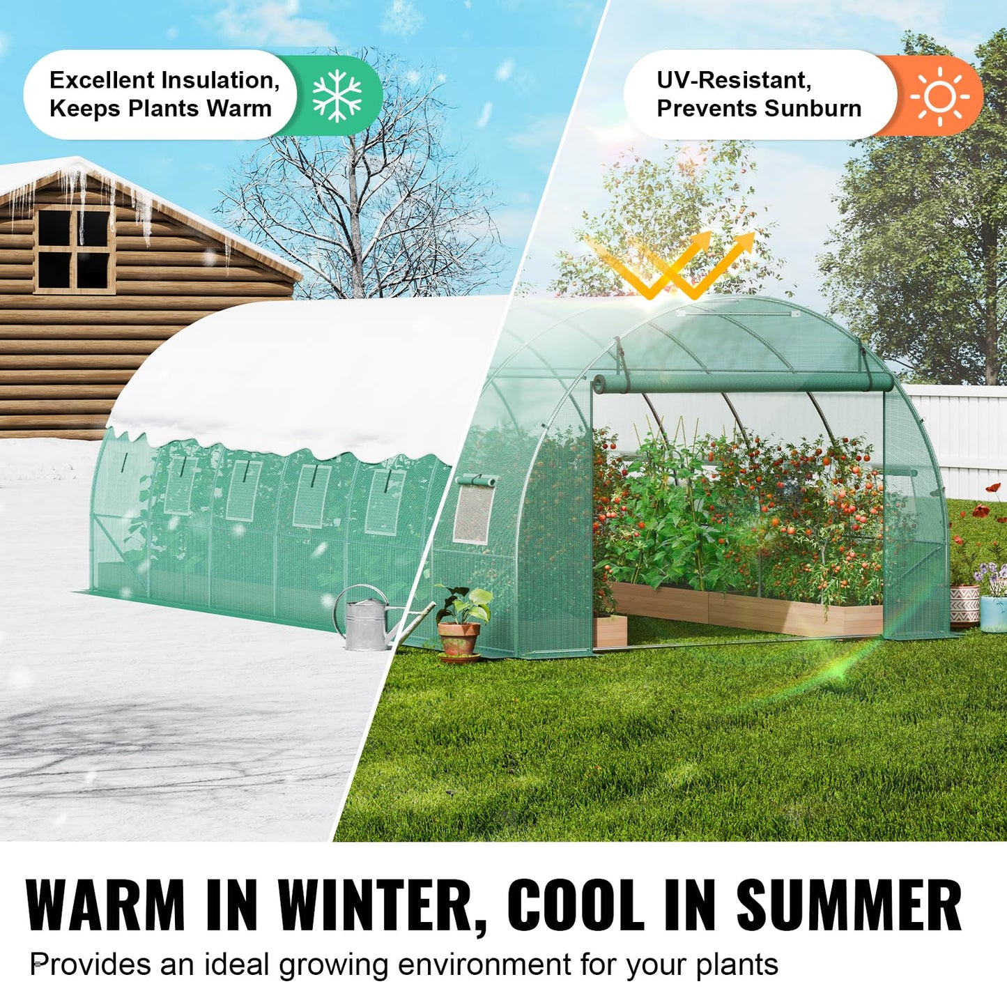 VEVOR Walk-in Tunnel Greenhouse, 9.6x6.4x6.2 ft Hoop House Greenhouse Tunnel, Plant Hot House with Galvanized Steel Frame, White PE Cover, Roll-up Zipper Door and 6 Windows for Outdoor