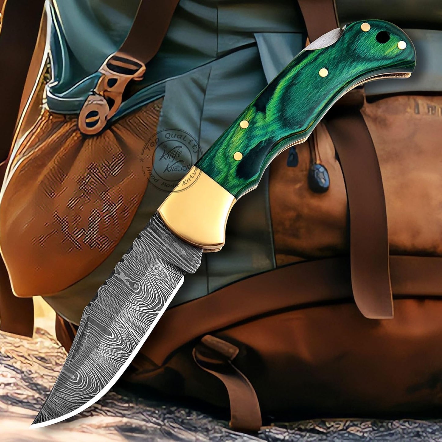 Green Wood 6.5'' 100% Handmade Damascus Steel Folding Pocket Knife, Hunting Knife, Outdoor Survival Hunting Accessories, Gifts for Men, Boyfriend, Dad, Father’s Day Gift, 100% Prime Quality
