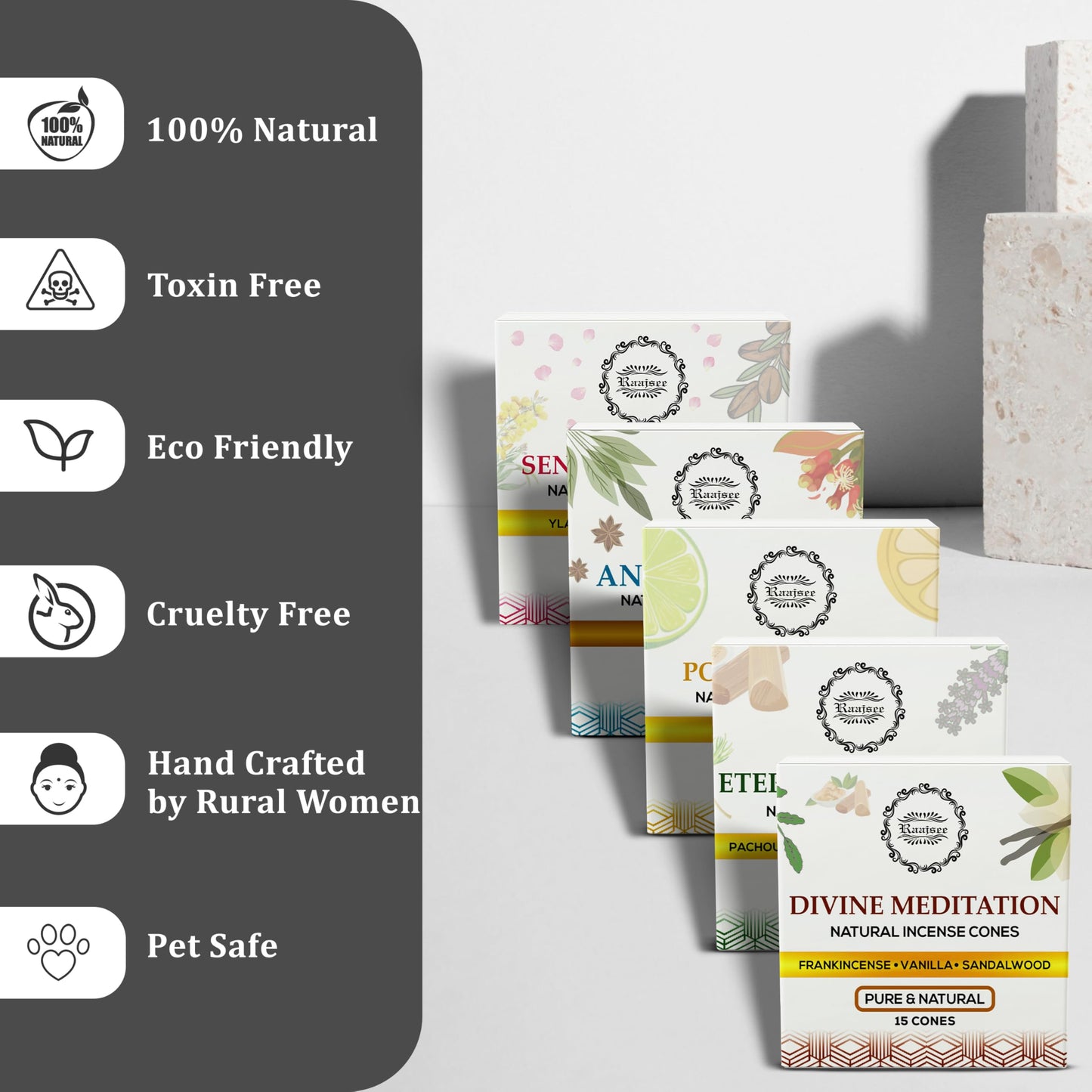 Raajsee Natural Incense Cones,6 Pack Mixed Scents Gift Pack 15 pc Each (90 Total), Insense Cones Variety Pack, 100% Organic Non Toxic Natural - Hand Rolled Free from Chemicals (Pack 1)