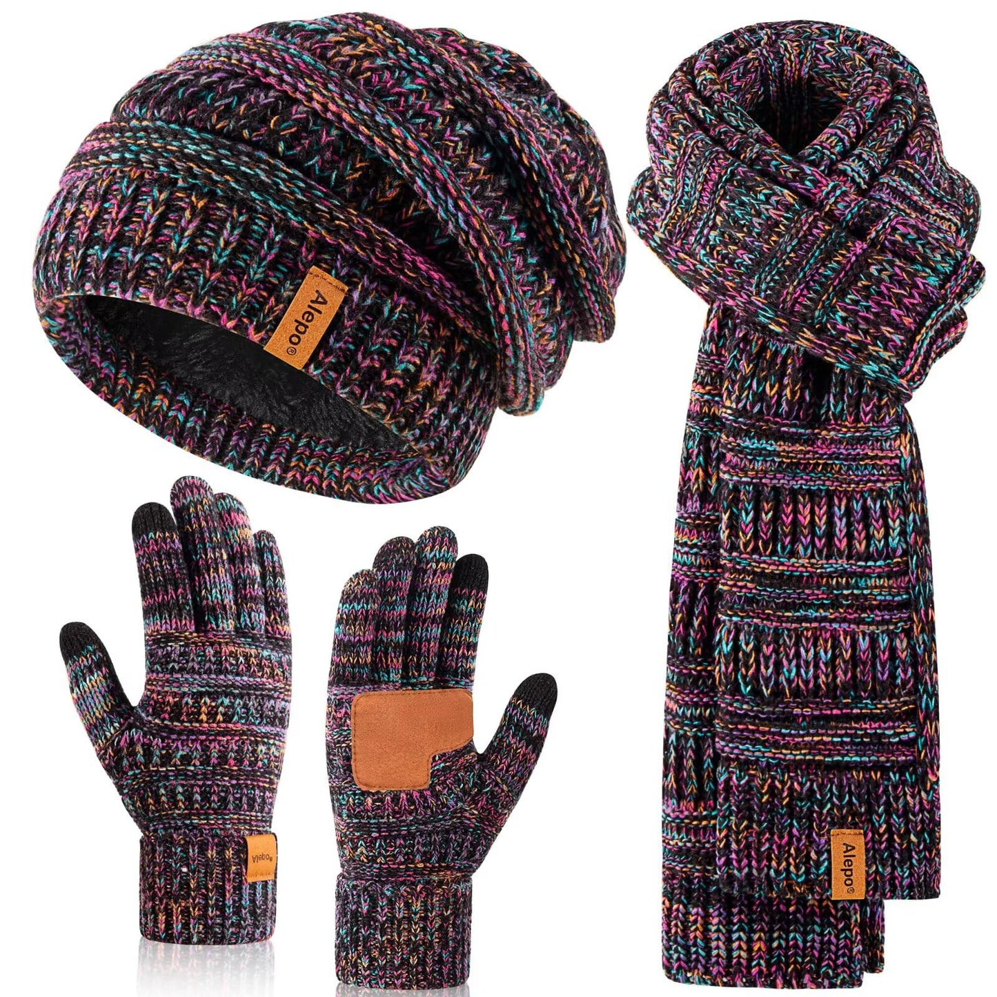 Winter Beanie Hat Scarf Gloves Set for Women, Slouchy Beanie Long Scarf Touchscreen Gloves, Warm 3 in 1 Set