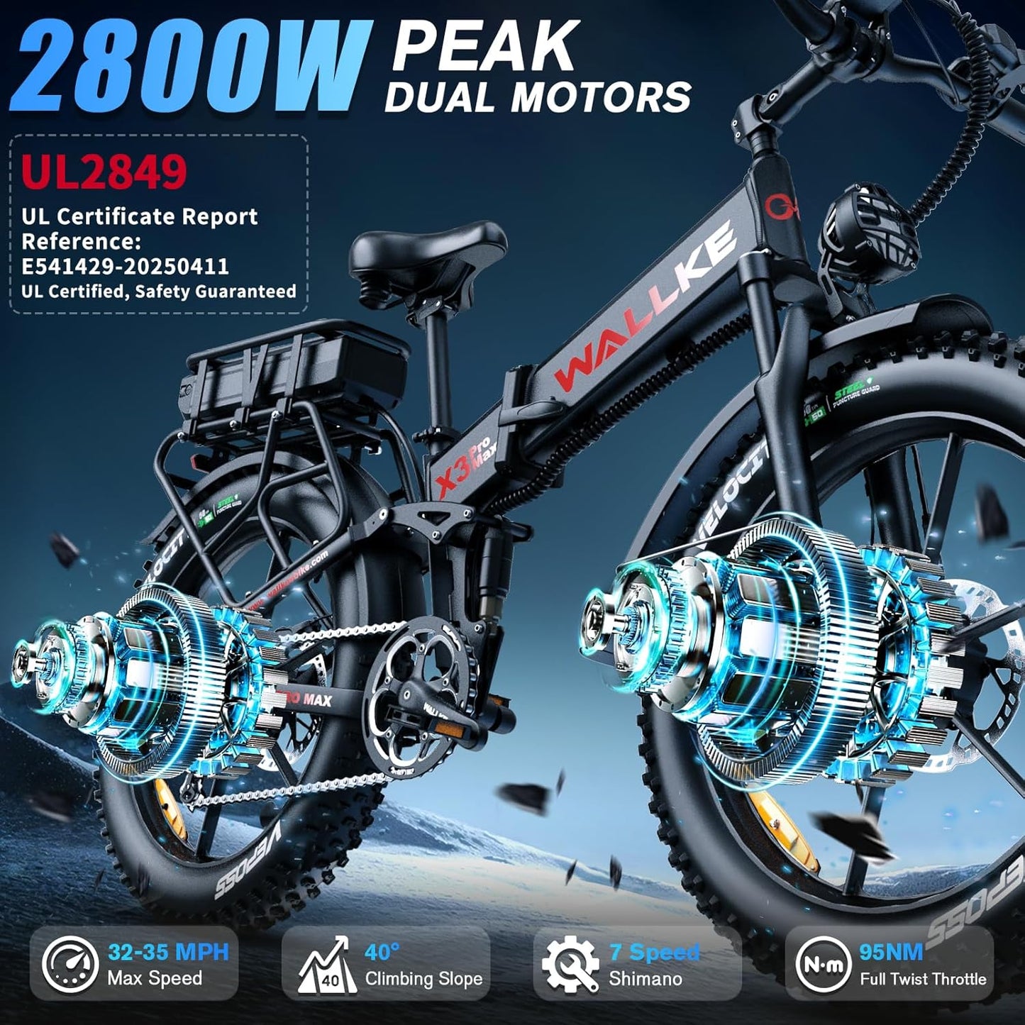 Wallke X3 Pro Max 2800W Dual Motor Electric Bike for Adults, 48V 44Ah Long Range 170 Miles Foldable 26x4 Fat Tire eBike, 35MPH All-Terrain Mountain Bicycle, UL2849 Certified, Full Suspension E Bike