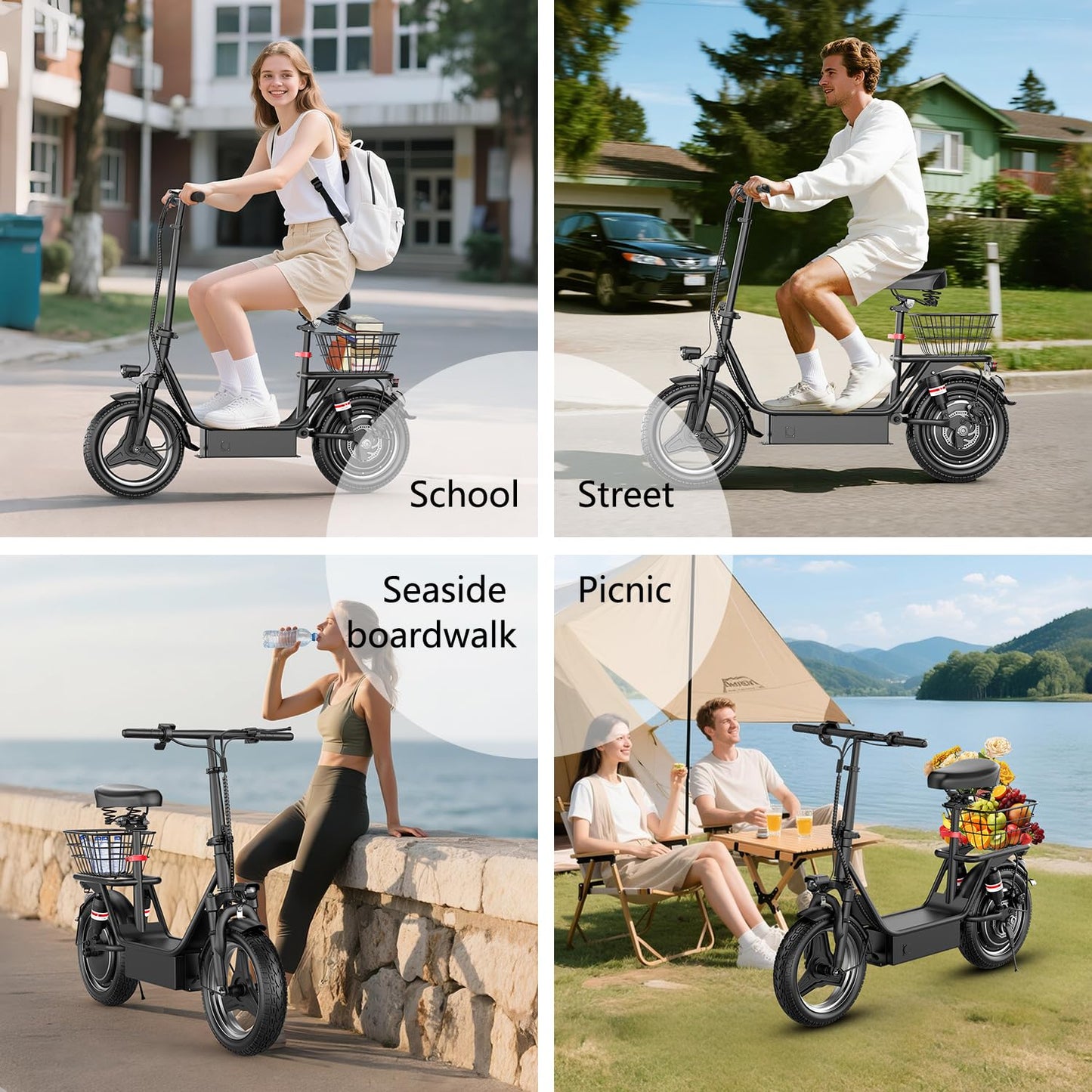 Electric Scooter for Adults, 1000W Peak Motor, Up to 25 MPH 30 Miles, Electric Scooter with Seat, Multiple Suspension, Bright Lights, Provides Comfortable and Safe Ride, 14" E Scooter for Commuting