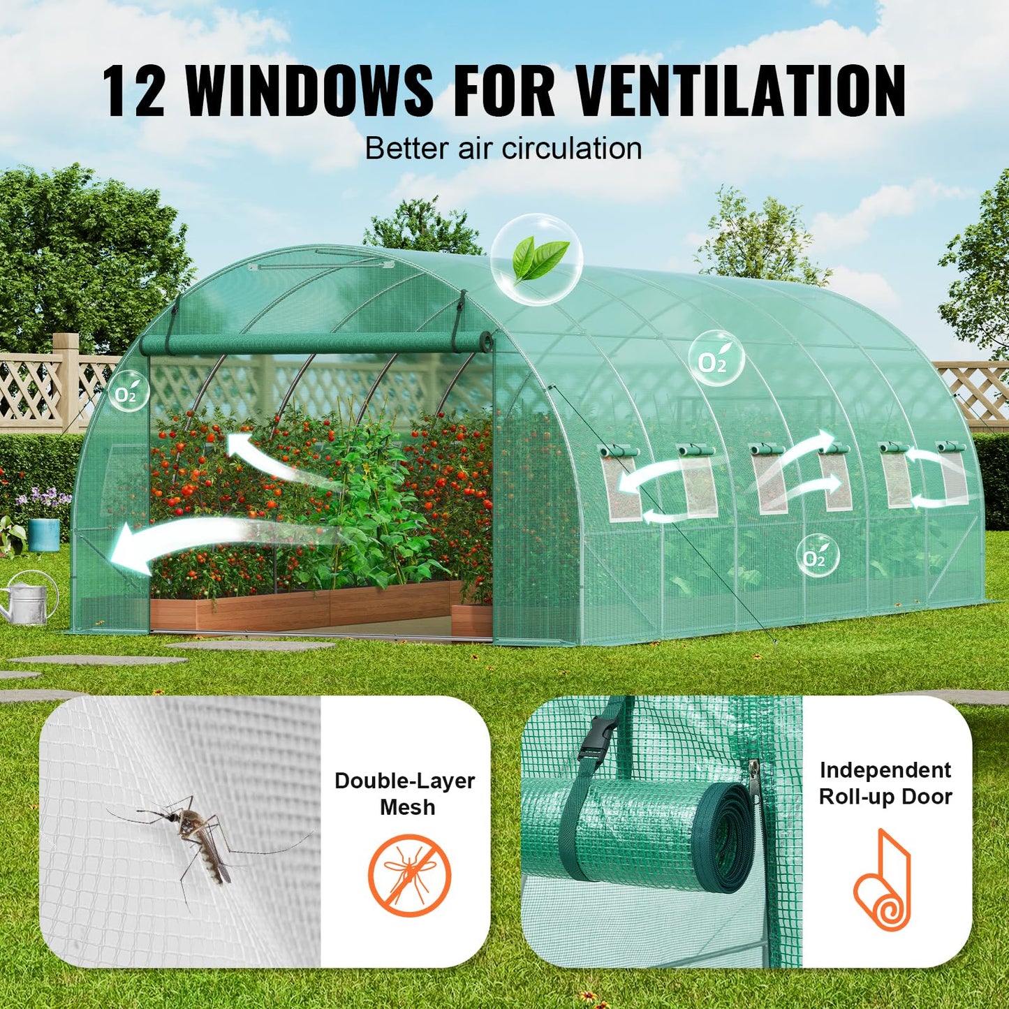 VEVOR Walk-in Tunnel Greenhouse, 9.6x6.4x6.2 ft Hoop House Greenhouse Tunnel, Plant Hot House with Galvanized Steel Frame, White PE Cover, Roll-up Zipper Door and 6 Windows for Outdoor