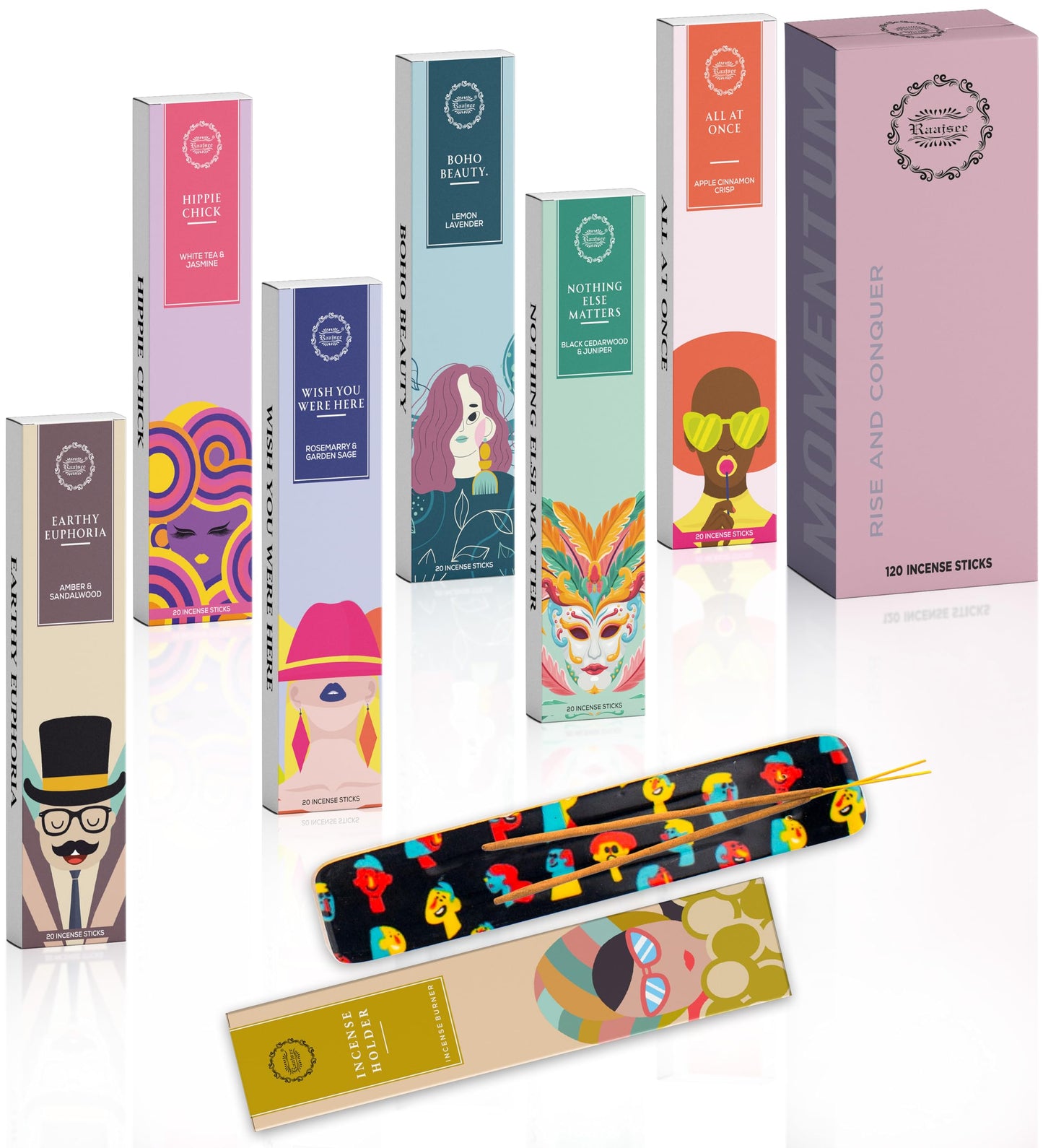Raajsee Natural Incense Sticks with Insence Holder- Pack of 6 Organic Inscent -120 Insense Sticks, Non Toxic Clean Burning, Boho Gift Set, Sage,Apple Pumpkin,Coconut, Coffee,Rosemary Patchouli