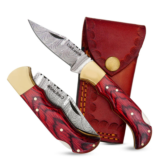 ColdLand Damascus Folding Knife - 6.75 Inch Pocket Knife with Micarta Handle & Back Lock Mechanism - Includes Leather Sheath - Full Tang Knives for EDC, Hunting, Skinning & Camping (ILFOL01-V4)