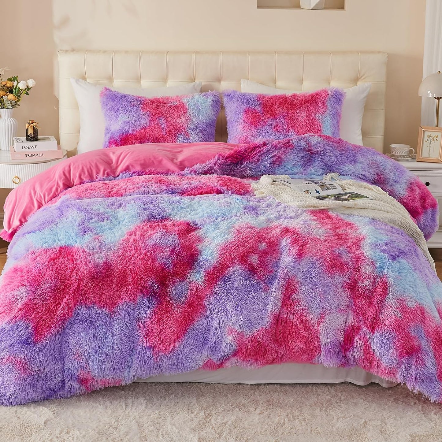 EMME Luxury Khaki Fuzzy Duvet Cover Set Twin Size Fluffy Comforter Cover Set 2 Pieces Shaggy and Plush Soft Bedding Duvet Covers (Tie Dye Khaki, Twin)