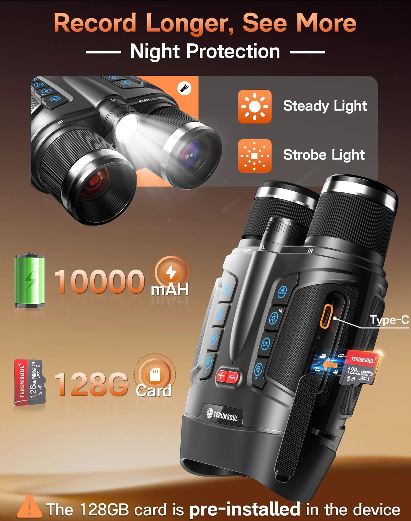 Night Vision Goggles - Smart APP 4K Night Vision Binoculars, 10000mAh Battery, 128GB Card for Photo and Video, 3'' UHD Screen & 8X Zoom Binoculars for Camping, Hunting, Security (Black)
