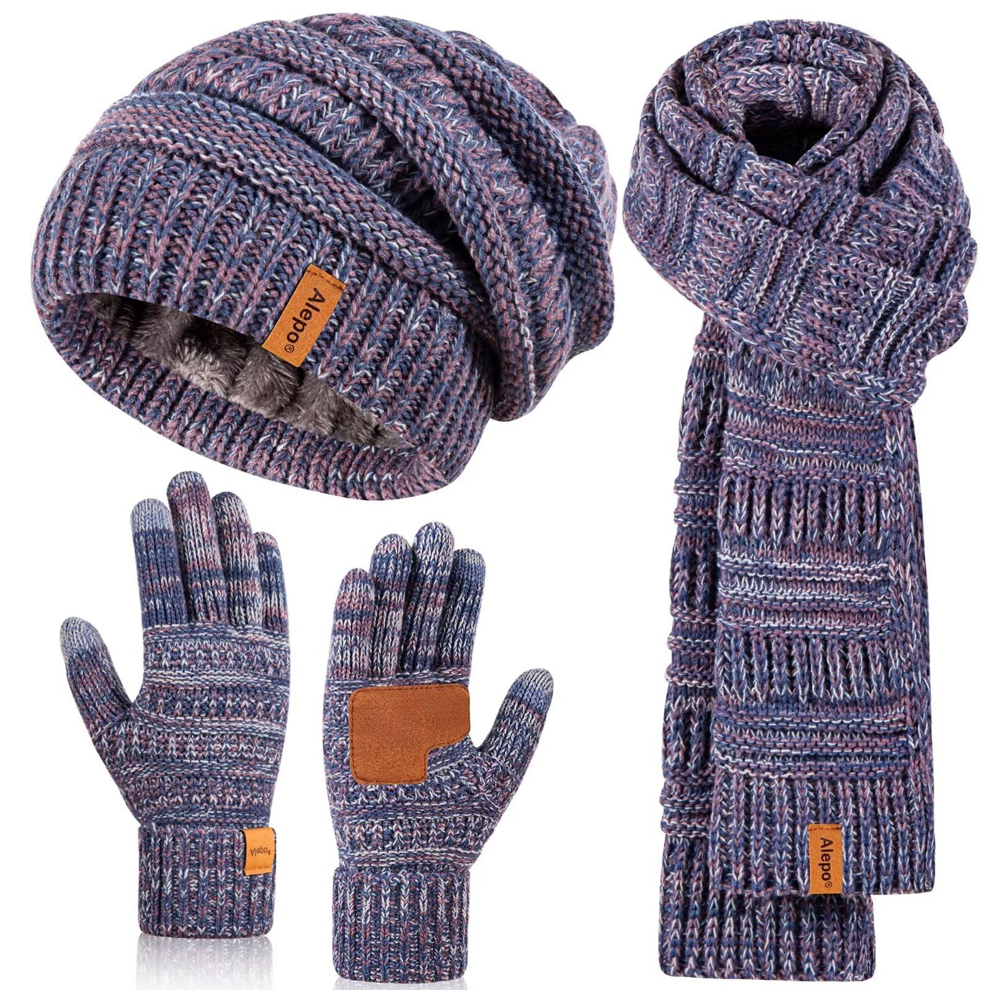 Winter Beanie Hat Scarf Gloves Set for Women, Slouchy Beanie Long Scarf Touchscreen Gloves, Warm 3 in 1 Set