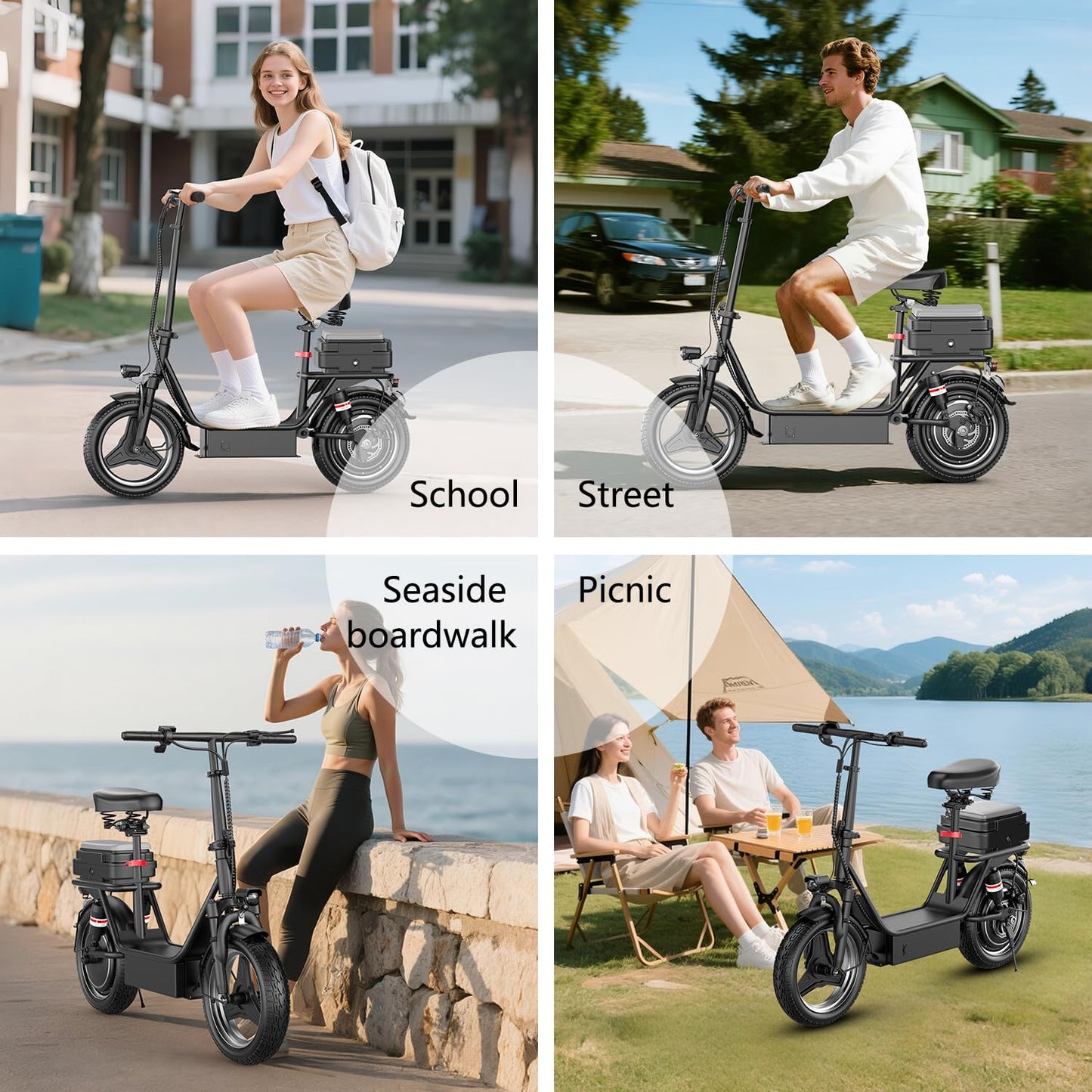 Electric Scooter for Adults, 1000W Peak Motor, Up to 25 MPH 30 Miles, Electric Scooter with Seat, Multiple Suspension, Bright Lights, Provides Comfortable and Safe Ride, 14" E Scooter for Commuting