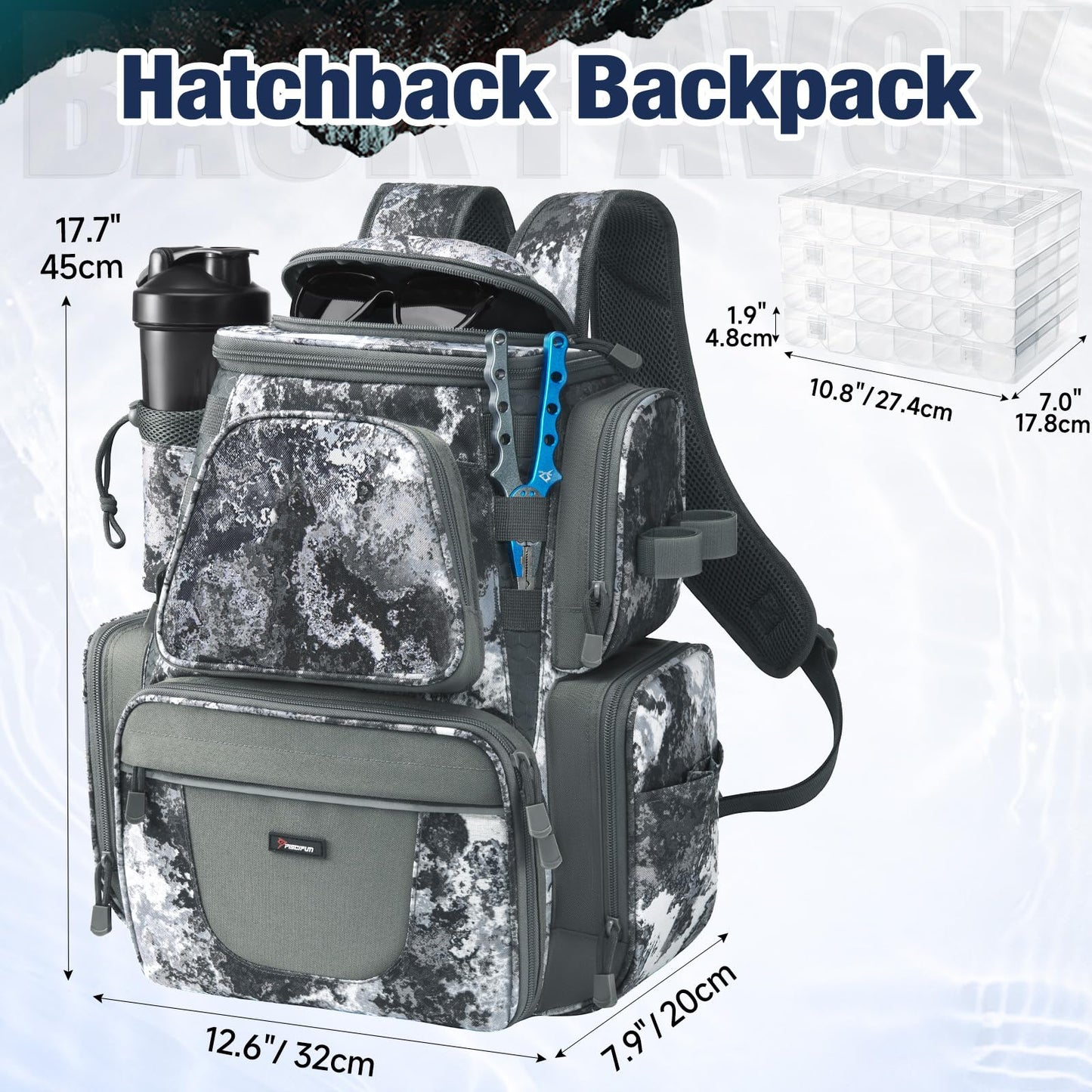 Piscifun Fishing Backpack with 2 Rod Holders & 4 Tackle Boxes, Large Tackle Storage Bag With Rain Cover for Fishing Gear