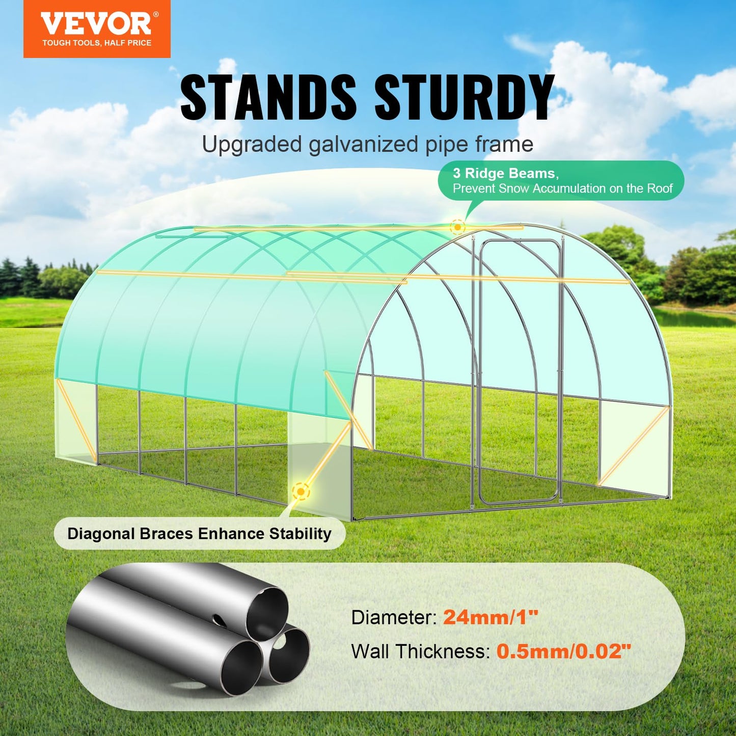 VEVOR Walk-in Tunnel Greenhouse, 9.6x6.4x6.2 ft Hoop House Greenhouse Tunnel, Plant Hot House with Galvanized Steel Frame, White PE Cover, Roll-up Zipper Door and 6 Windows for Outdoor