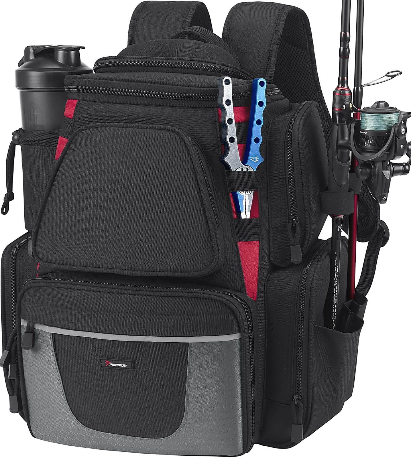 Piscifun Fishing Backpack with 2 Rod Holders & 4 Tackle Boxes, Large Tackle Storage Bag With Rain Cover for Fishing Gear
