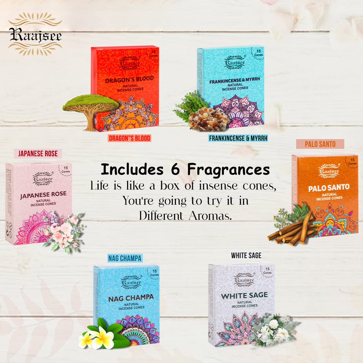 Raajsee Natural Incense Cones,6 Pack Mixed Scents Gift Pack 15 pc Each (90 Total), Insense Cones Variety Pack, 100% Organic Non Toxic Natural - Hand Rolled Free from Chemicals (Pack 1)