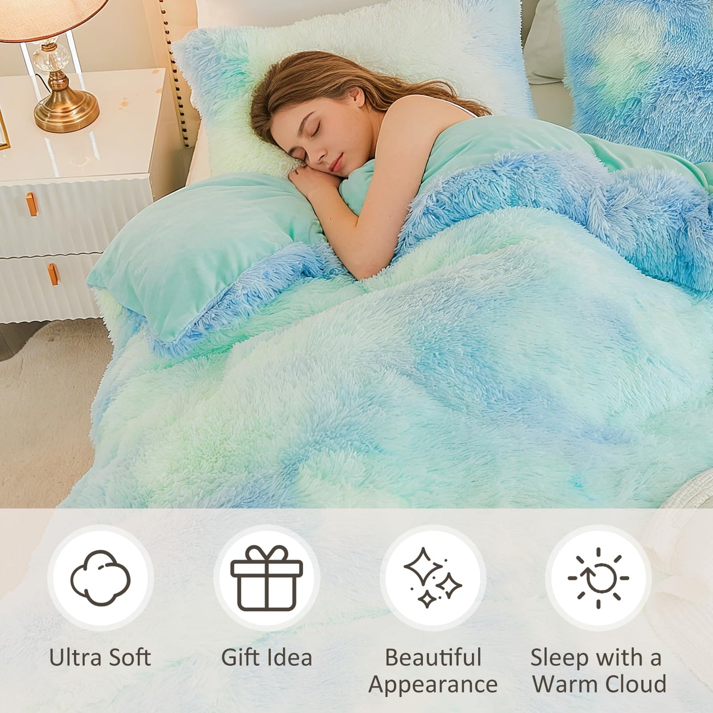 EMME Luxury Khaki Fuzzy Duvet Cover Set Twin Size Fluffy Comforter Cover Set 2 Pieces Shaggy and Plush Soft Bedding Duvet Covers (Tie Dye Khaki, Twin)