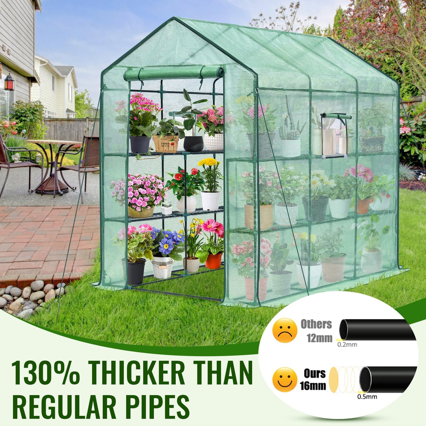 Greengro Greenhouse, 57 x 57 x 76'' Greenhouses for Outdoors, Durable Green House Kit with Window, Thicken PE Cover, 3 Tiers 8 Shelves, Heavy Duty Walk in Green Houses for Indoor Backyard Outside