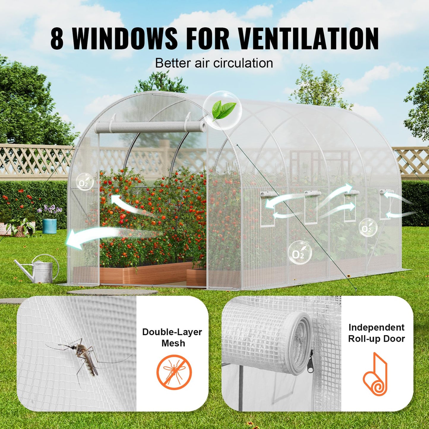 VEVOR Walk-in Tunnel Greenhouse, 9.6x6.4x6.2 ft Hoop House Greenhouse Tunnel, Plant Hot House with Galvanized Steel Frame, White PE Cover, Roll-up Zipper Door and 6 Windows for Outdoor