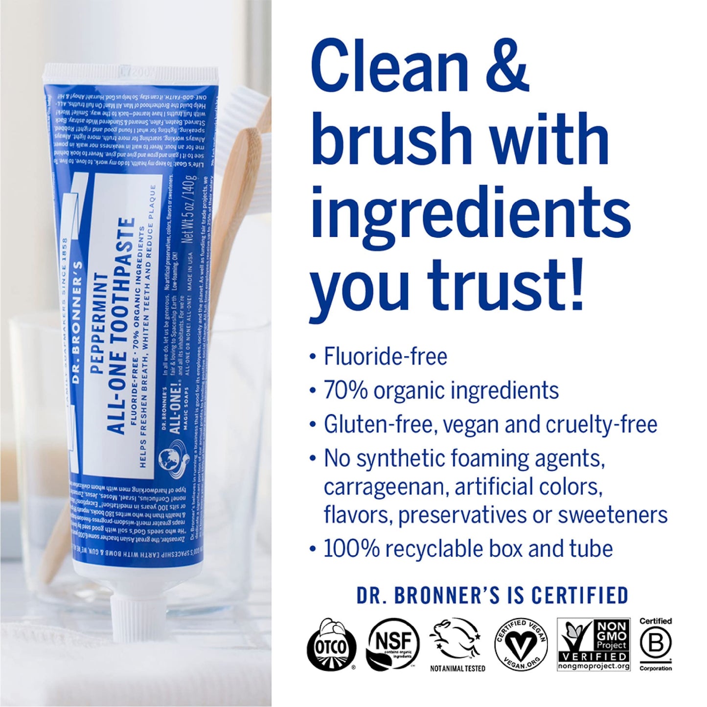 Dr. Bronner’s All-One Toothpaste Pack of 3– Peppermint, 5 oz– Fluoride-Free Toothpaste for Adults, SLS-Free, 70% Organic & Natural Ingredients, Vegan, Helps Freshen Breath & Reduce Plaque
