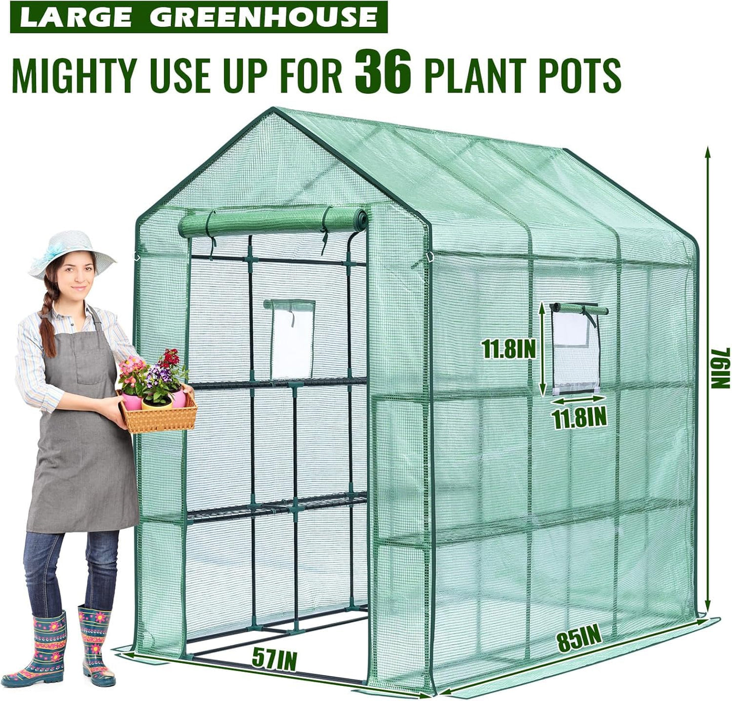 Greengro Greenhouse, 57 x 57 x 76'' Greenhouses for Outdoors, Durable Green House Kit with Window, Thicken PE Cover, 3 Tiers 8 Shelves, Heavy Duty Walk in Green Houses for Indoor Backyard Outside
