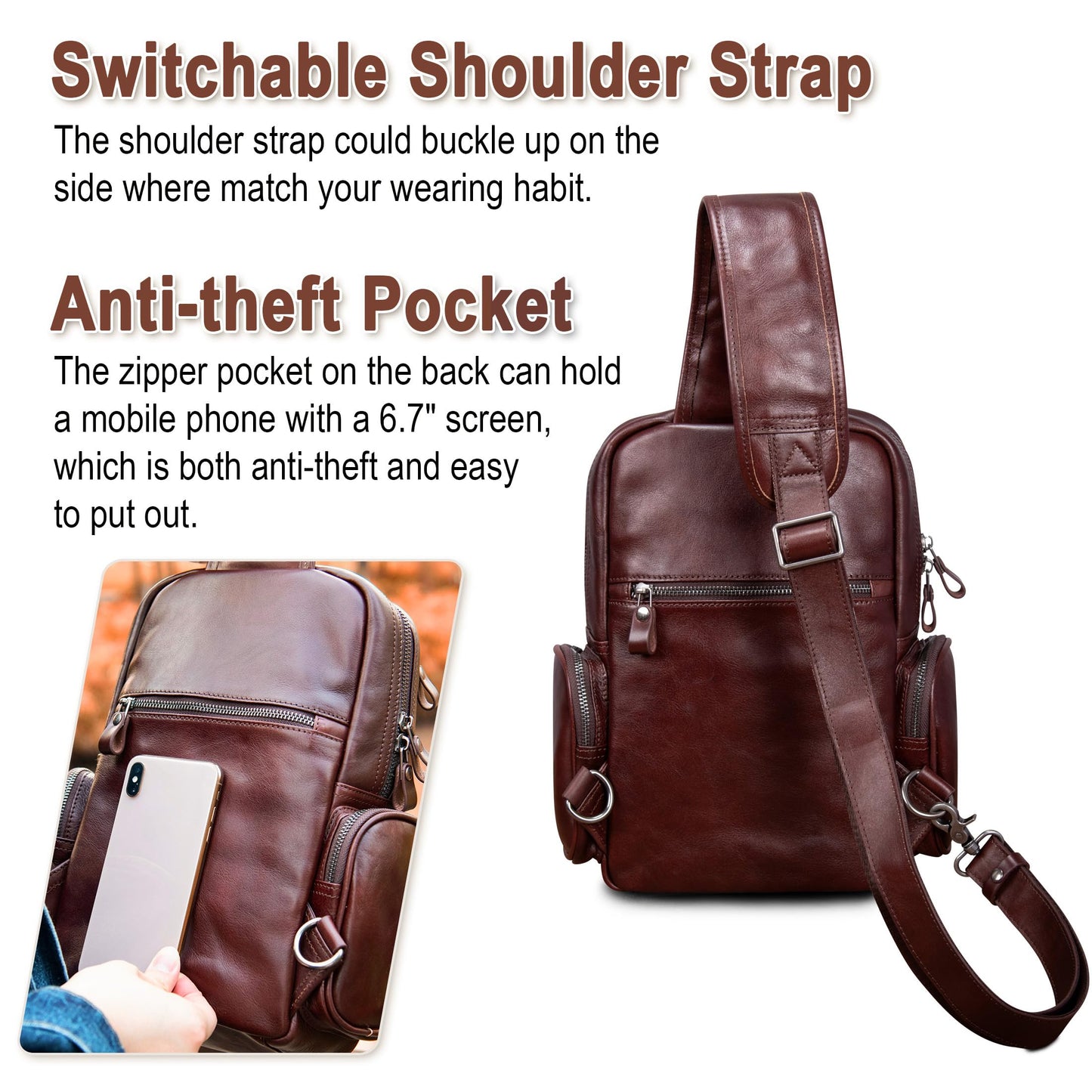 Genuine Leather Sling Bag for Men Large Crossbody Shoulder Bag Casual Sling Backpack Anti-Theft Travel Chest Purse
