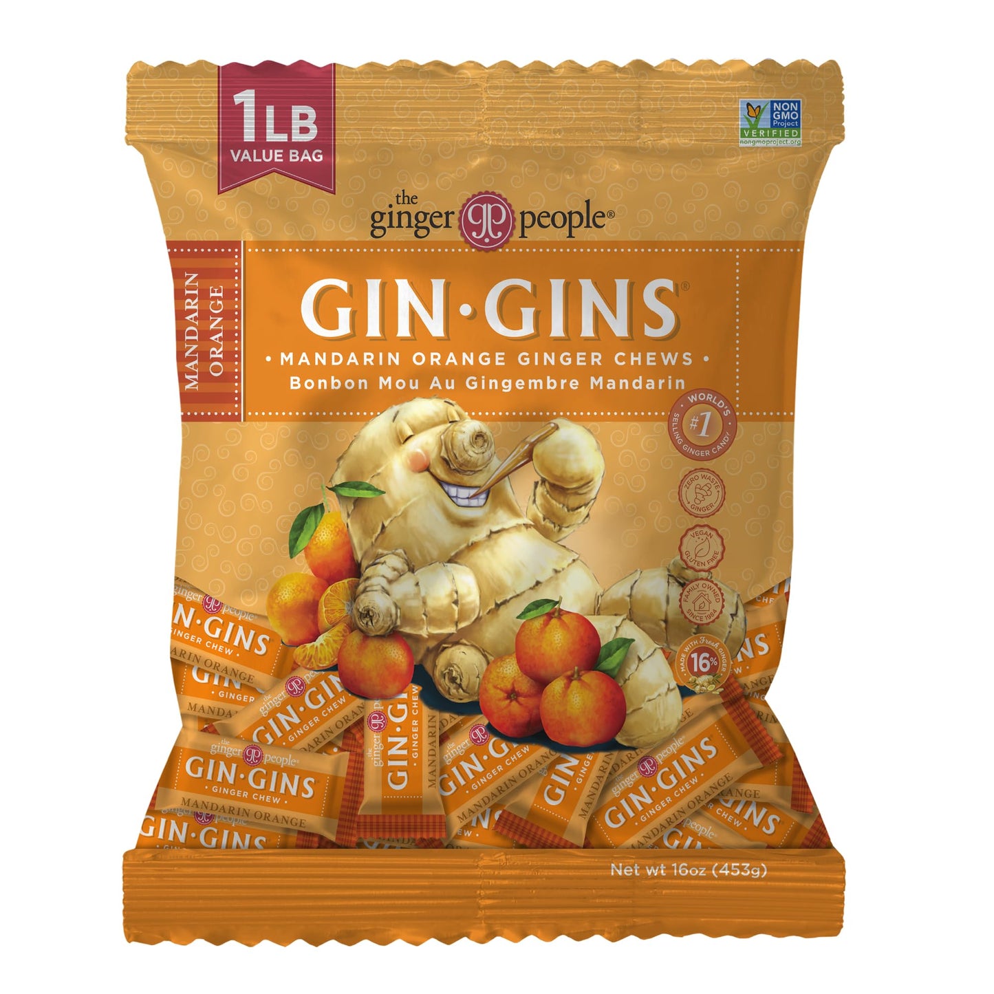 GIN GINS Spicy Apple Ginger Chews – Natural Fresh Ginger Candy by The Ginger People – Individually Wrapped Healthy Candy – Spicy Apple Ginger Flavor – Large 1 lb Bag (16oz) – Pack of 1