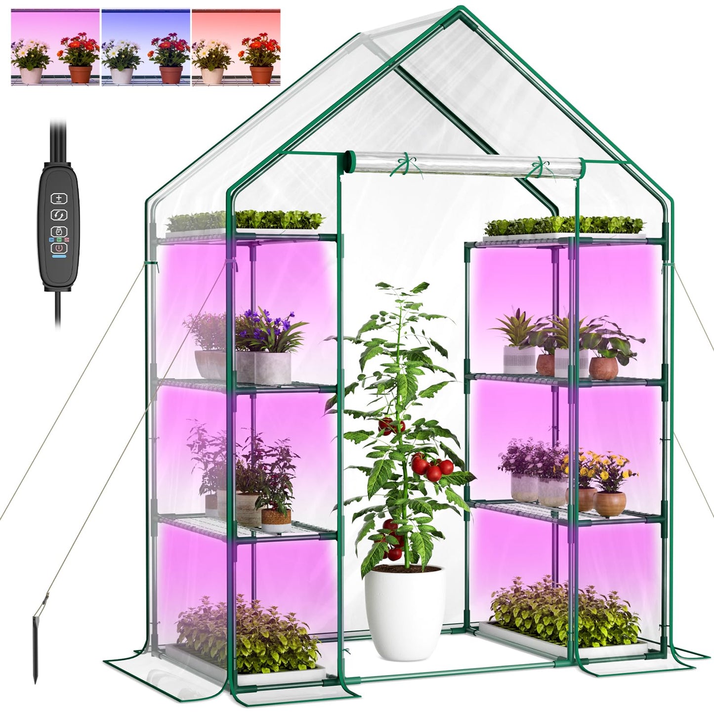 Indoor Greenhouse with Grow Light, 4-Tier Mini Greenhouse 56.3"x28.7"x76.8" Small Greenhouse with Zippered PVC Cover for Seed Starting Trays, Dimmable Plant Light for Indoor Plants with Timer