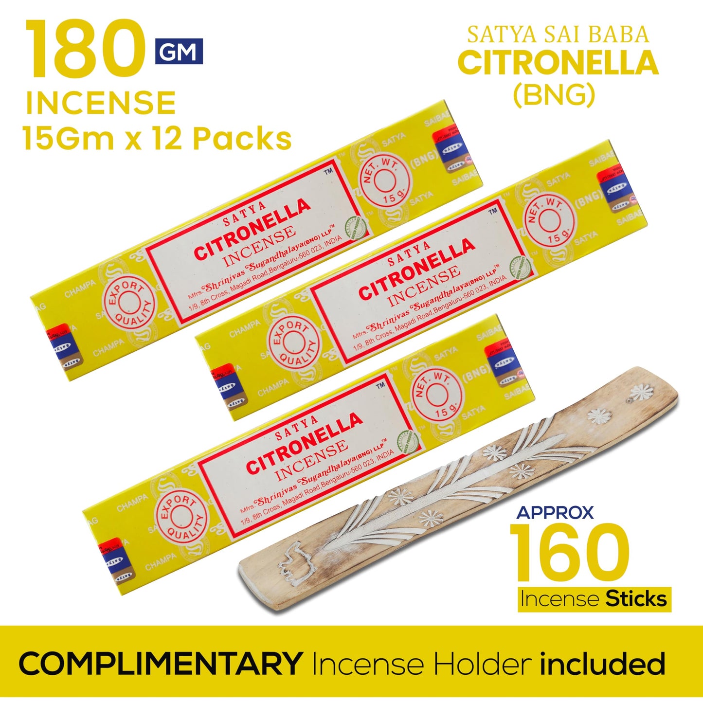 Satya Divine Blessings Incense Sticks, Satya Bng (Bangalore) Insenses 15gmx12 Pack with Raajsee Incense Holder Bundle, Satya Nagchampa Natural Incense