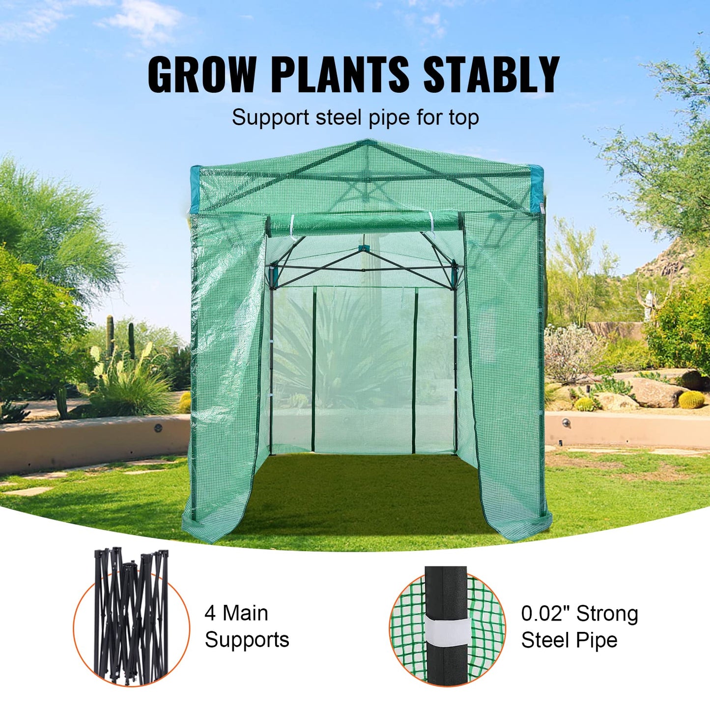 VEVOR Walk-in Tunnel Greenhouse, 9.6x6.4x6.2 ft Hoop House Greenhouse Tunnel, Plant Hot House with Galvanized Steel Frame, White PE Cover, Roll-up Zipper Door and 6 Windows for Outdoor