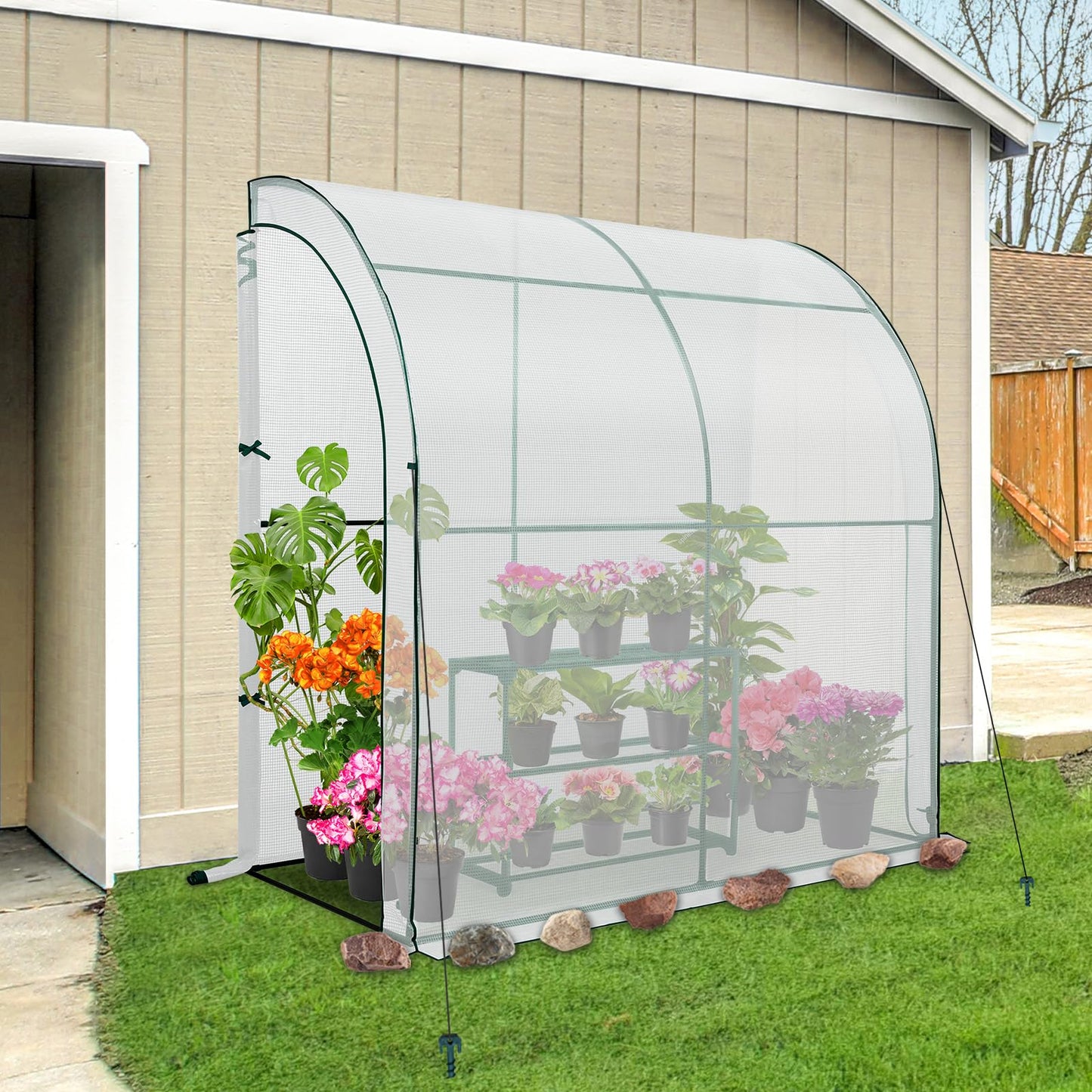 EAGLE PEAK 3 Tier Lean to Portable Greenhouse, Heavy-Duty Indoor & Outdoor Garden with Wire Shelves, 2 Roll-Up Zipper Doors, Easy Assembly, 79"x39"x83" Clear/Green PE Cover