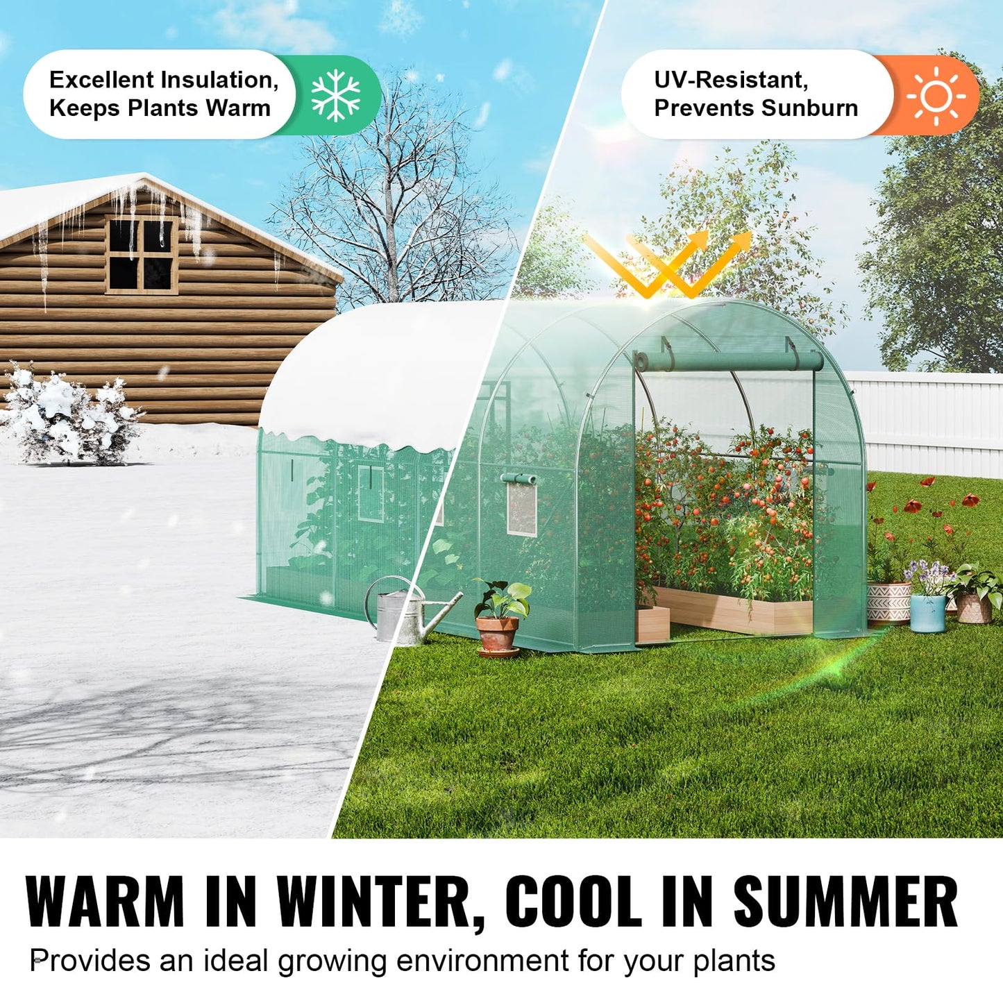 VEVOR Walk-in Tunnel Greenhouse, 9.6x6.4x6.2 ft Hoop House Greenhouse Tunnel, Plant Hot House with Galvanized Steel Frame, White PE Cover, Roll-up Zipper Door and 6 Windows for Outdoor