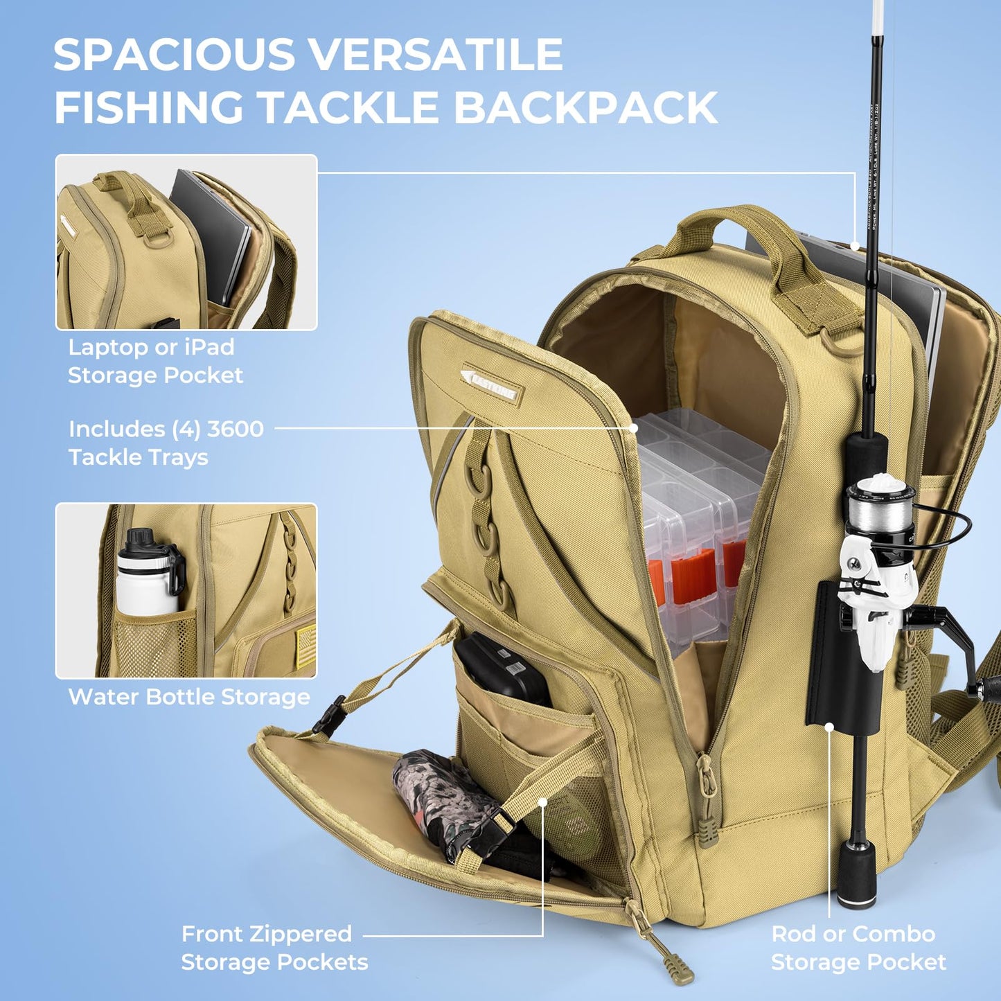 KastKing KarryAll Fishing Tackle Backpack with Rod Holder 4 Tackle Boxes,40/26L Tackle Bag Storage Fishing Gear and Equipment