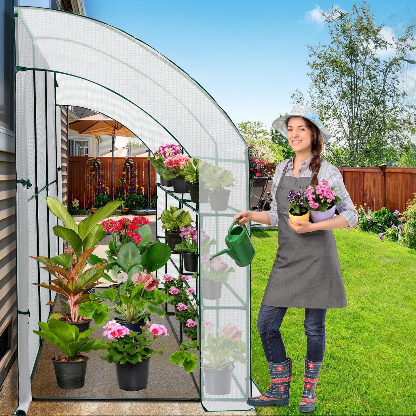 EAGLE PEAK 3 Tier Lean to Portable Greenhouse, Heavy-Duty Indoor & Outdoor Garden with Wire Shelves, 2 Roll-Up Zipper Doors, Easy Assembly, 79"x39"x83" Clear/Green PE Cover