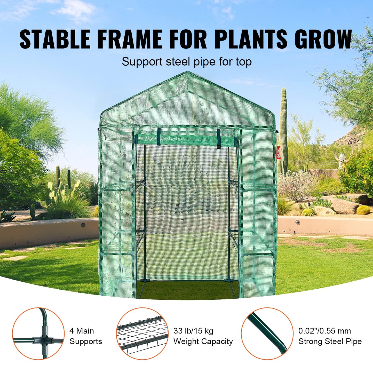 VEVOR Walk-in Tunnel Greenhouse, 9.6x6.4x6.2 ft Hoop House Greenhouse Tunnel, Plant Hot House with Galvanized Steel Frame, White PE Cover, Roll-up Zipper Door and 6 Windows for Outdoor