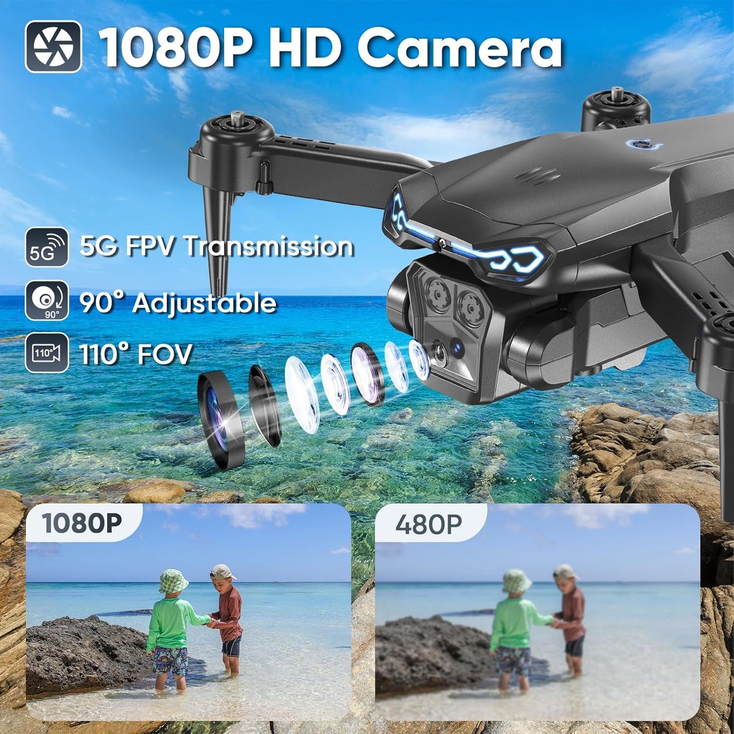 Foldable Drone with 1080P HD Camera for Beginners & Adults, FPV Live Video, One Key Start, Altitude Hold, 3D Flips, Gesture Selfie, 3 Speed Modes, 2 Batteries