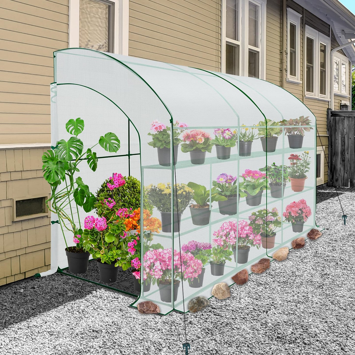 EAGLE PEAK 3 Tier Lean to Portable Greenhouse, Heavy-Duty Indoor & Outdoor Garden with Wire Shelves, 2 Roll-Up Zipper Doors, Easy Assembly, 79"x39"x83" Clear/Green PE Cover