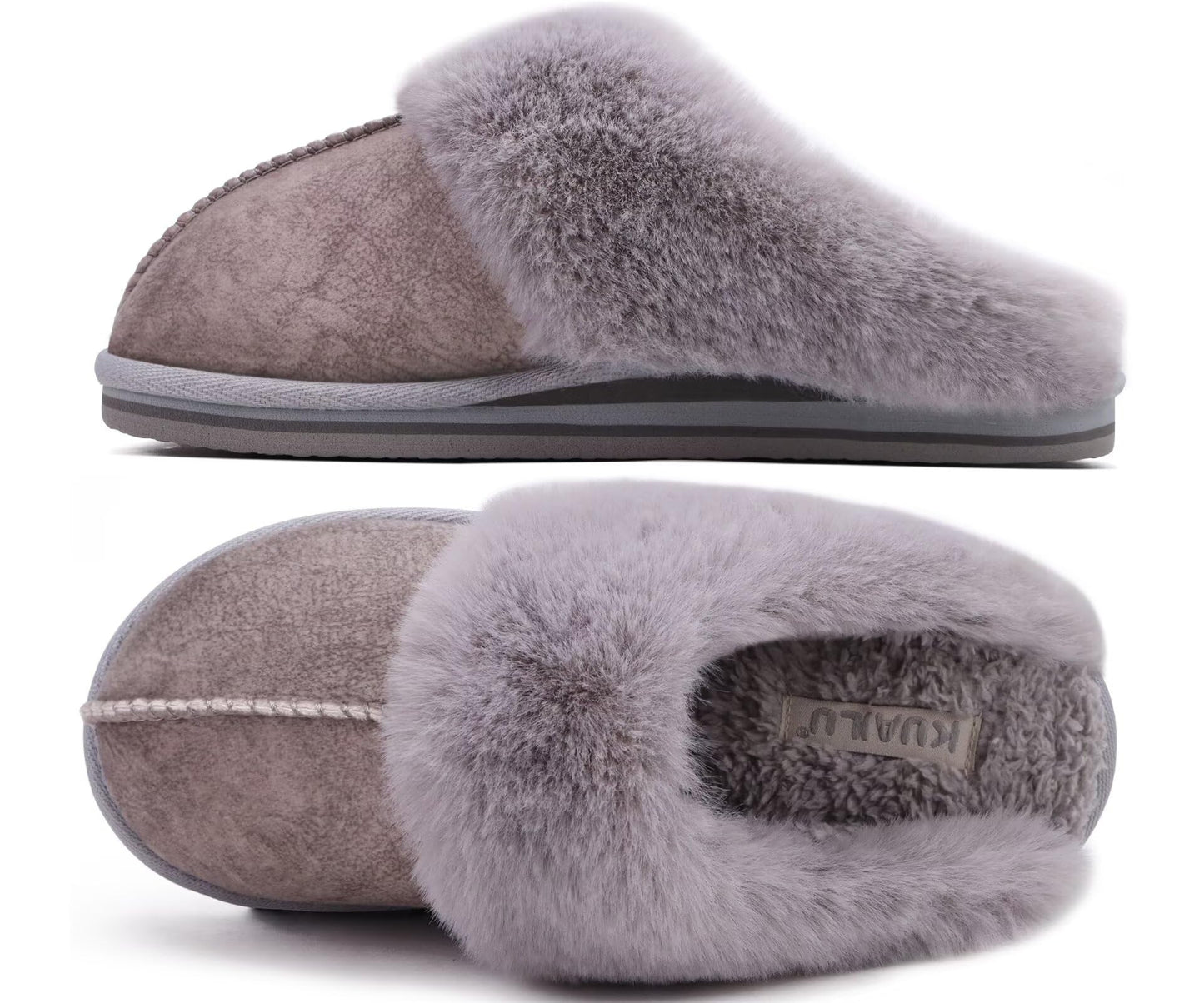 KuaiLu Womens Fluff Dual Memory Foam Slippers Ladies Cozy Arch Support Warm Scuff Slippers Slip on Comfy Winter House Shoes with Non-Slip Indoor Outdoor Hard Sole