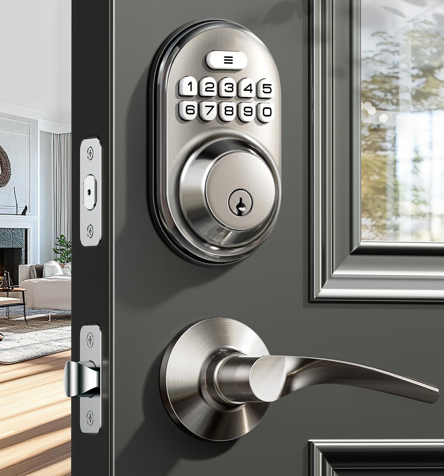 Veise Keyless Entry Door Lock with 2 Lever Handles - Electronic Keypad Deadbolt, Auto Lock, Back Lit & Easy Installation Design, Front Door Handle Sets, Matte Black