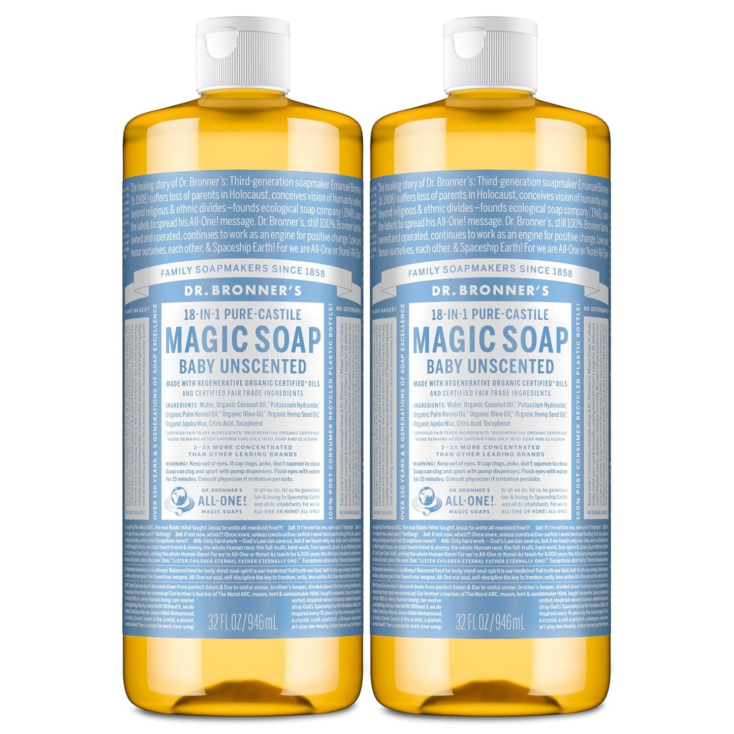Dr. Bronner's Pure-Castile Magic Liquid Soap - Made with Regenerative Organic Certified Oils - 18-in-1 Uses for Face, Body, Hand Gentle on Baby & Sensitive Skin Body Wash Unscented,32oz