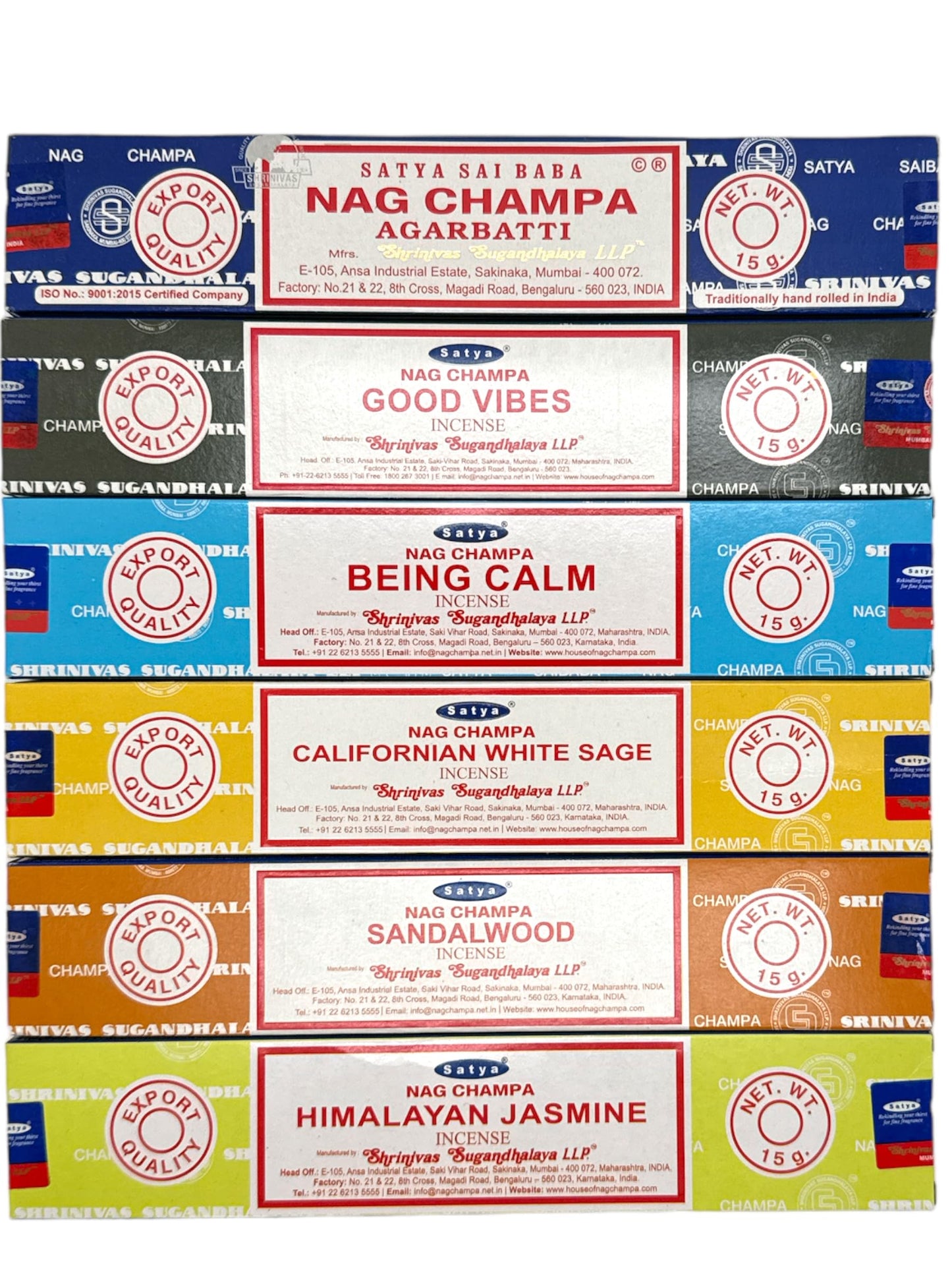 Satya Nag Champa Sandalwood White Sage Good Vibes Jasmine Being Calm - Satya Incense Sticks Assorted Set of 6 Pack (Satya Assorted Pack - 1)