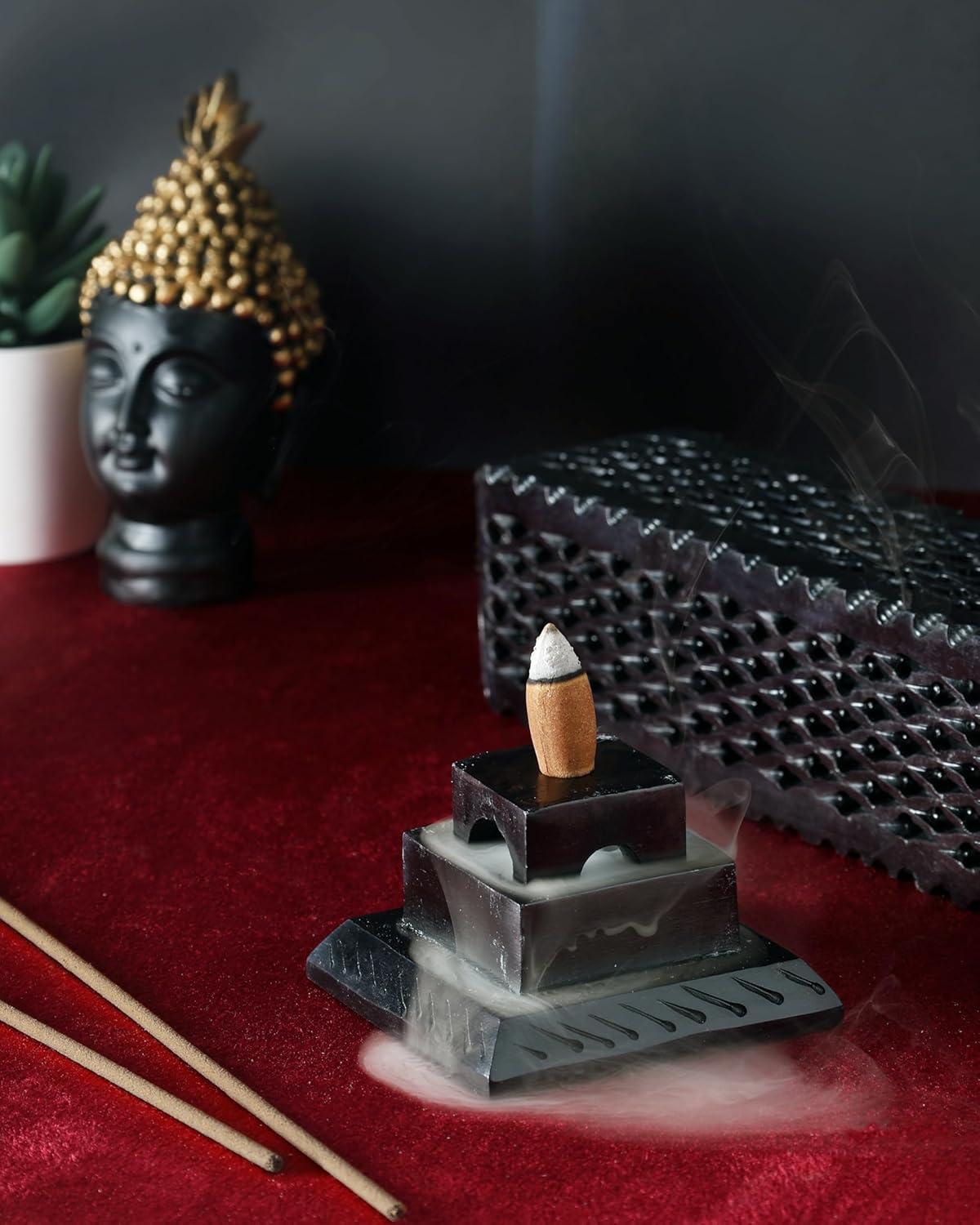 Handmade Black Soapstone Incense Stick Tower Holder | Marble Incense Stick Tower Burner Holder Spa Aromatherapy Home Office Fragrance Accessories Home Office Decor - (11 X 3 Inches)j