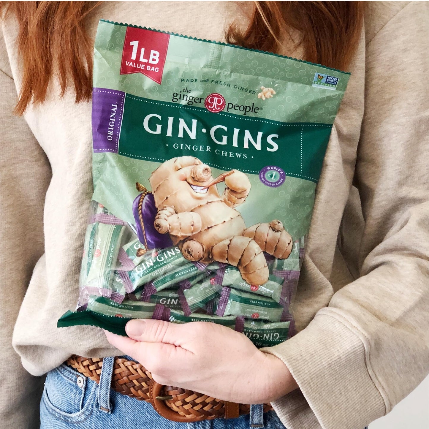 GIN GINS Spicy Apple Ginger Chews – Natural Fresh Ginger Candy by The Ginger People – Individually Wrapped Healthy Candy – Spicy Apple Ginger Flavor – Large 1 lb Bag (16oz) – Pack of 1