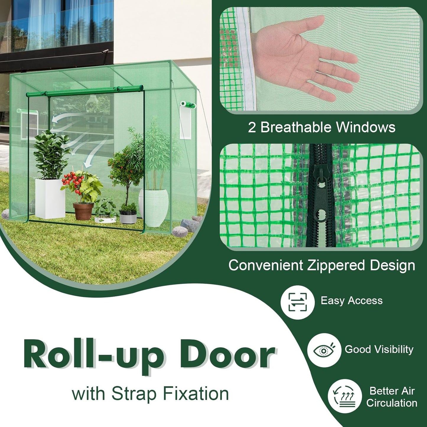 Happygrill Mini Greenhouse, Walk-in Greenhouse w/PE Cover, 4 Wind Ropes & Ground Stakes, Roll-up Zipper Door, Double-Layer Screen Windows, Portable Small Greenhouses for Outdoors, 6.6 x 2.5 x 5.6 FT