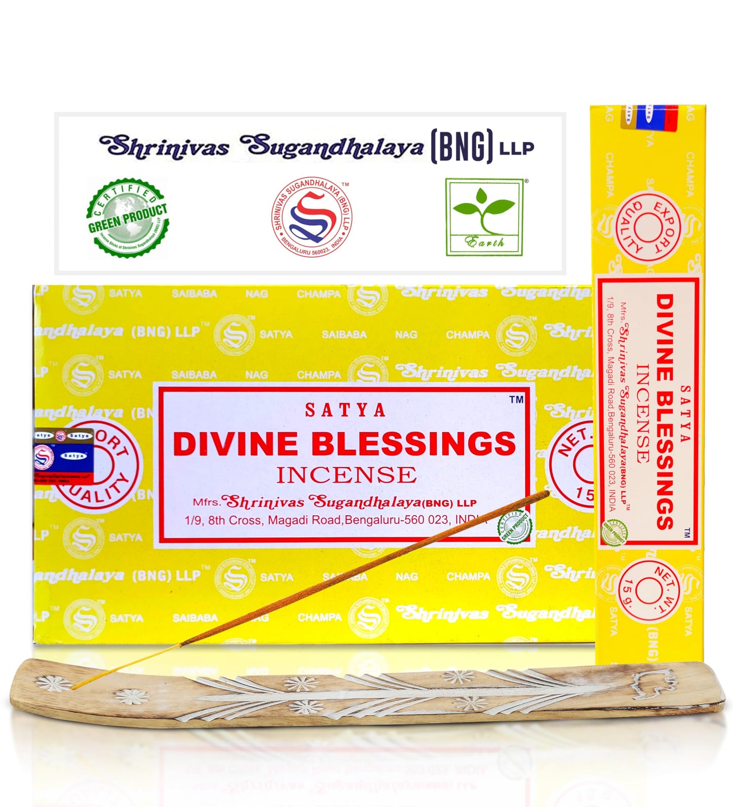 Satya Divine Blessings Incense Sticks, Satya Bng (Bangalore) Insenses 15gmx12 Pack with Raajsee Incense Holder Bundle, Satya Nagchampa Natural Incense