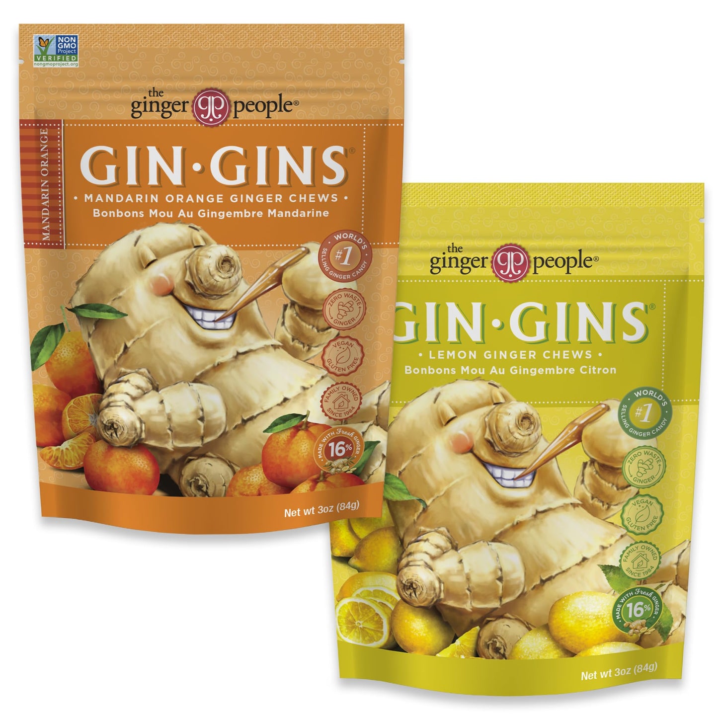 GIN GINS Ginger Chews – Natural Fresh Ginger Candy by The Ginger People – Individually Wrapped Healthy Candy – Original, Apple, Peanut and Turmeric Flavors – Variety Pack – 4 x 3oz bag each flavor (Pack of 4 bags)