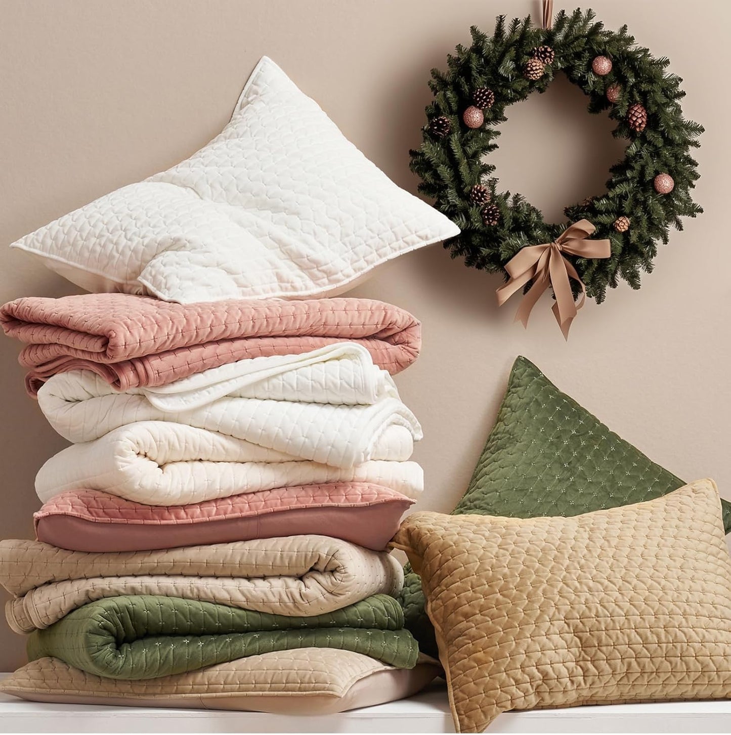 EverGrace Luxury Velvet Quilt Set King Size 3 Piece, Soft Cross-Stitch Velvet Comforter Set with Pillow Shams, Lightweight Coverlet Bedspread Bedding Set for All Seasons, Light Taupe