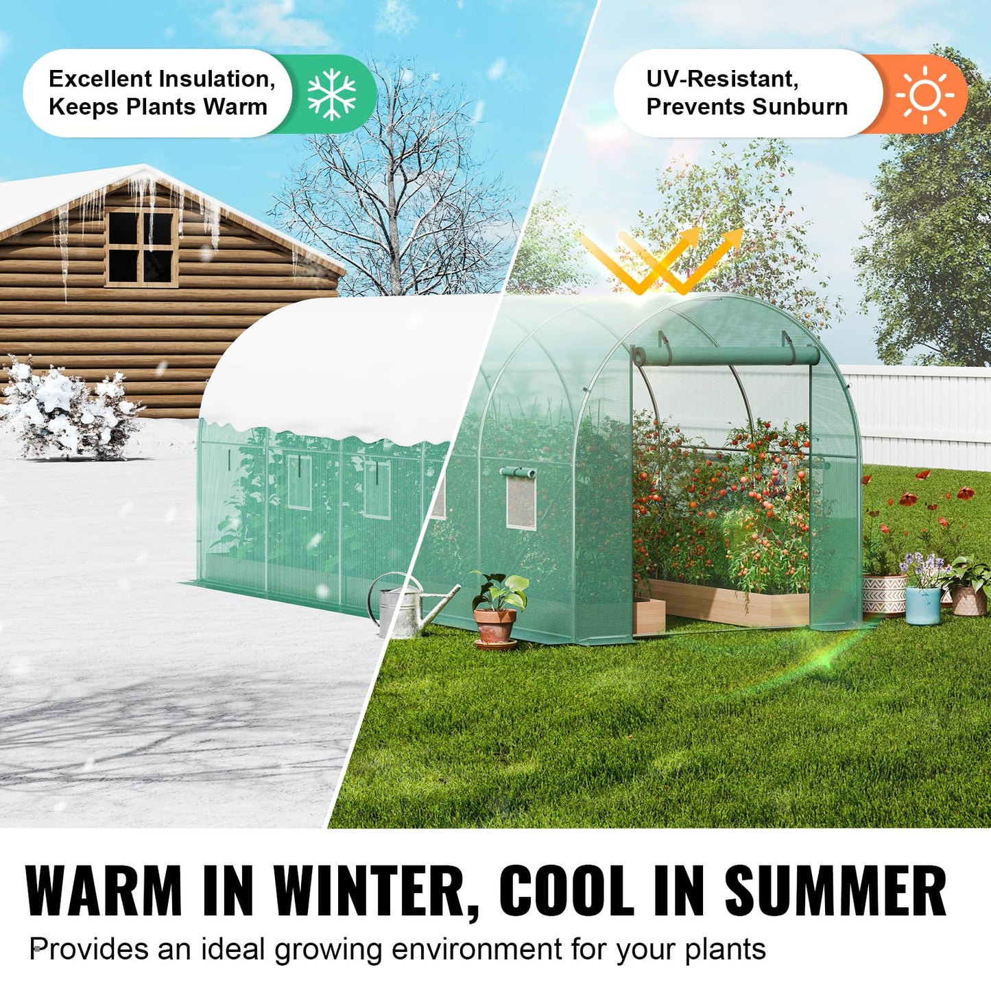 VEVOR Walk-in Tunnel Greenhouse, 9.6x6.4x6.2 ft Hoop House Greenhouse Tunnel, Plant Hot House with Galvanized Steel Frame, White PE Cover, Roll-up Zipper Door and 6 Windows for Outdoor