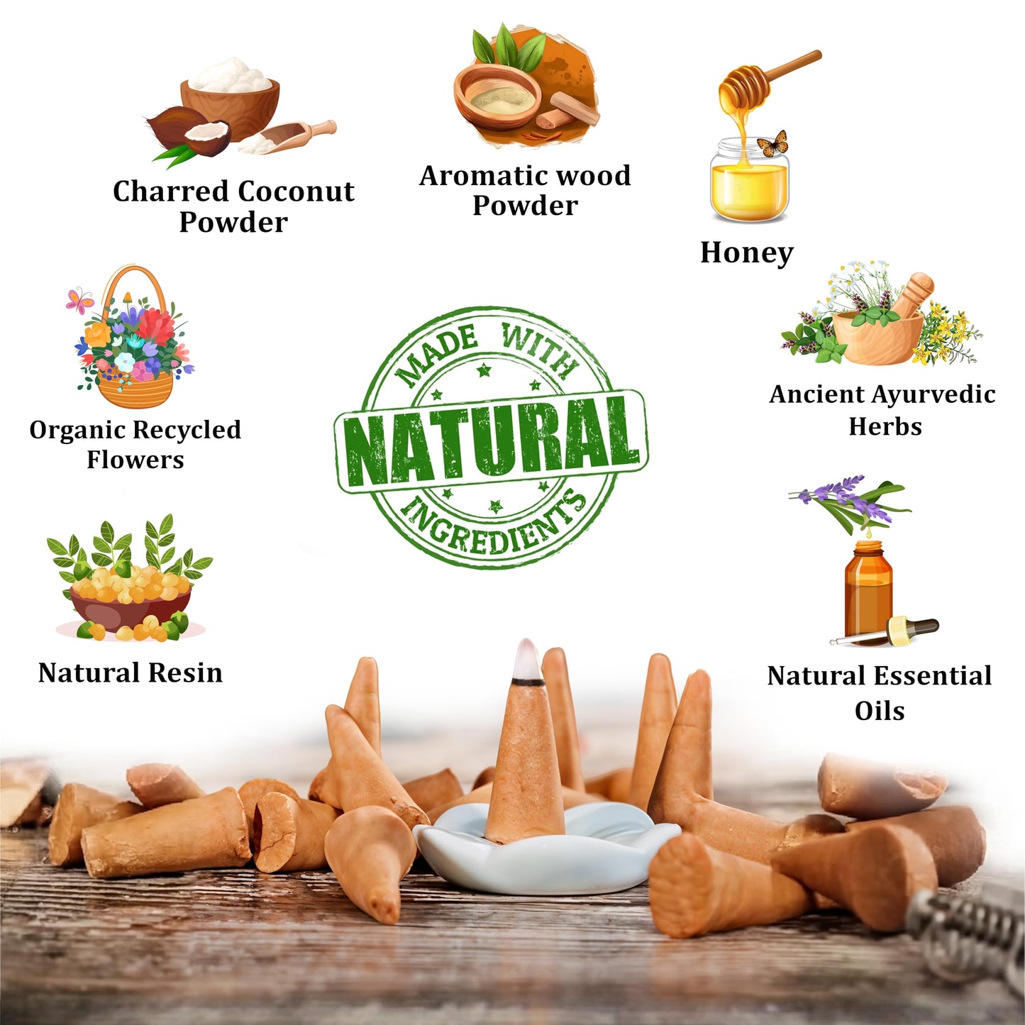 Raajsee Natural Incense Cones,6 Pack Mixed Scents Gift Pack 15 pc Each (90 Total), Insense Cones Variety Pack, 100% Organic Non Toxic Natural - Hand Rolled Free from Chemicals (Pack 1)