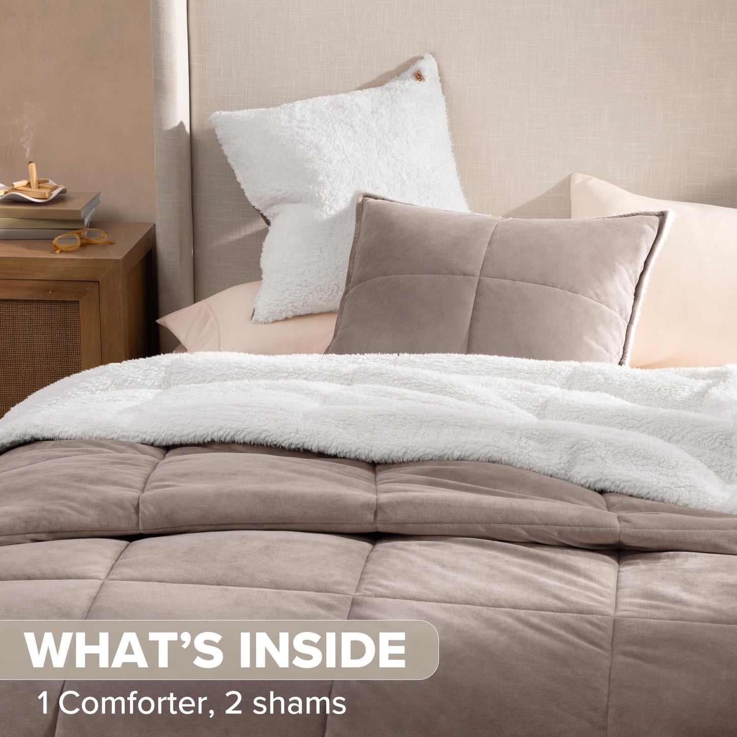 UGG Blissful Full/Queen Comforter Set with 2 Pillow Shams Reversible Comforter Plush Fluffy Warm Bed Set Premium Down Alternative Bedding for College Dorm Essentials, Full/Queen, Light Brown Fawn