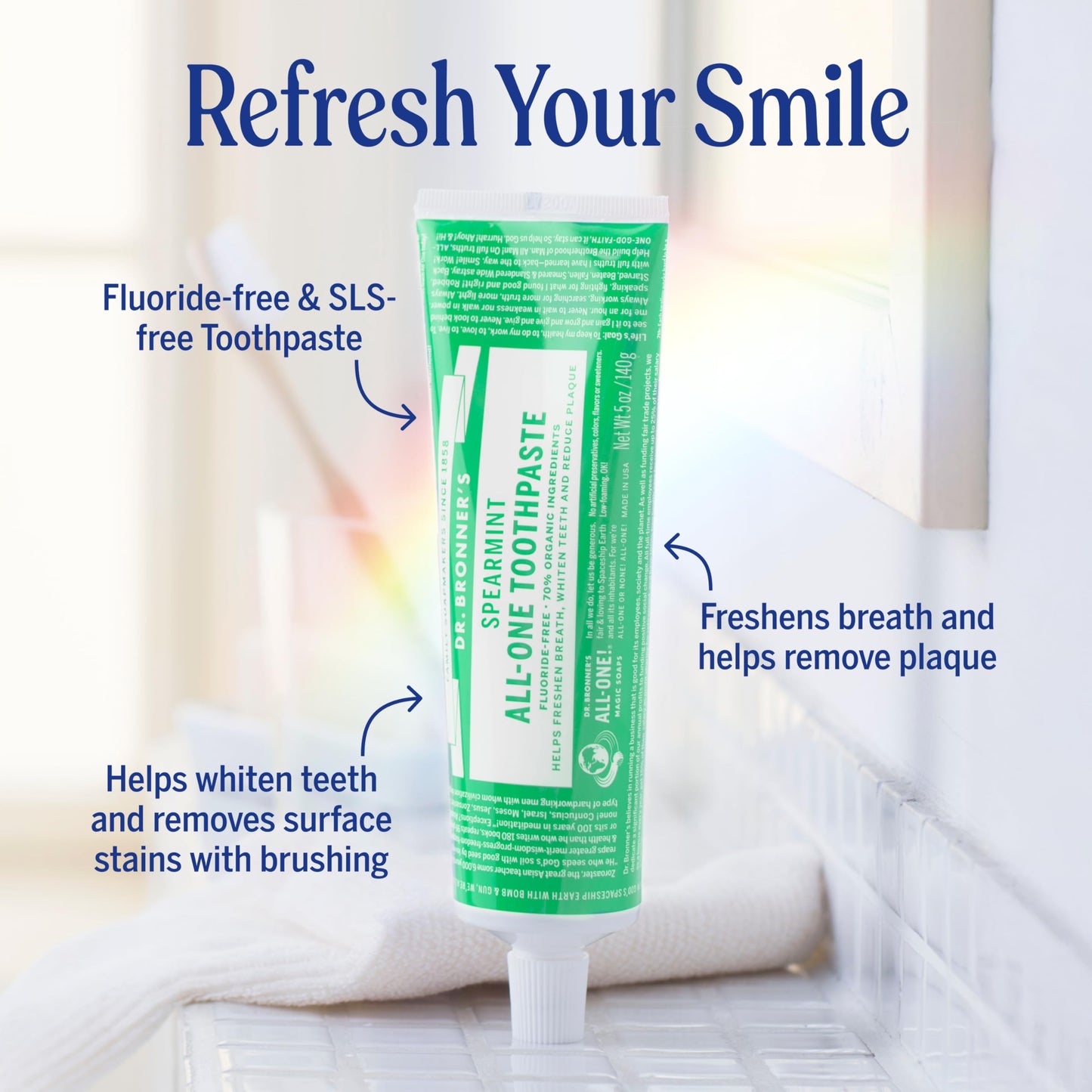 Dr. Bronner’s All-One Toothpaste Pack of 3– Peppermint, 5 oz– Fluoride-Free Toothpaste for Adults, SLS-Free, 70% Organic & Natural Ingredients, Vegan, Helps Freshen Breath & Reduce Plaque